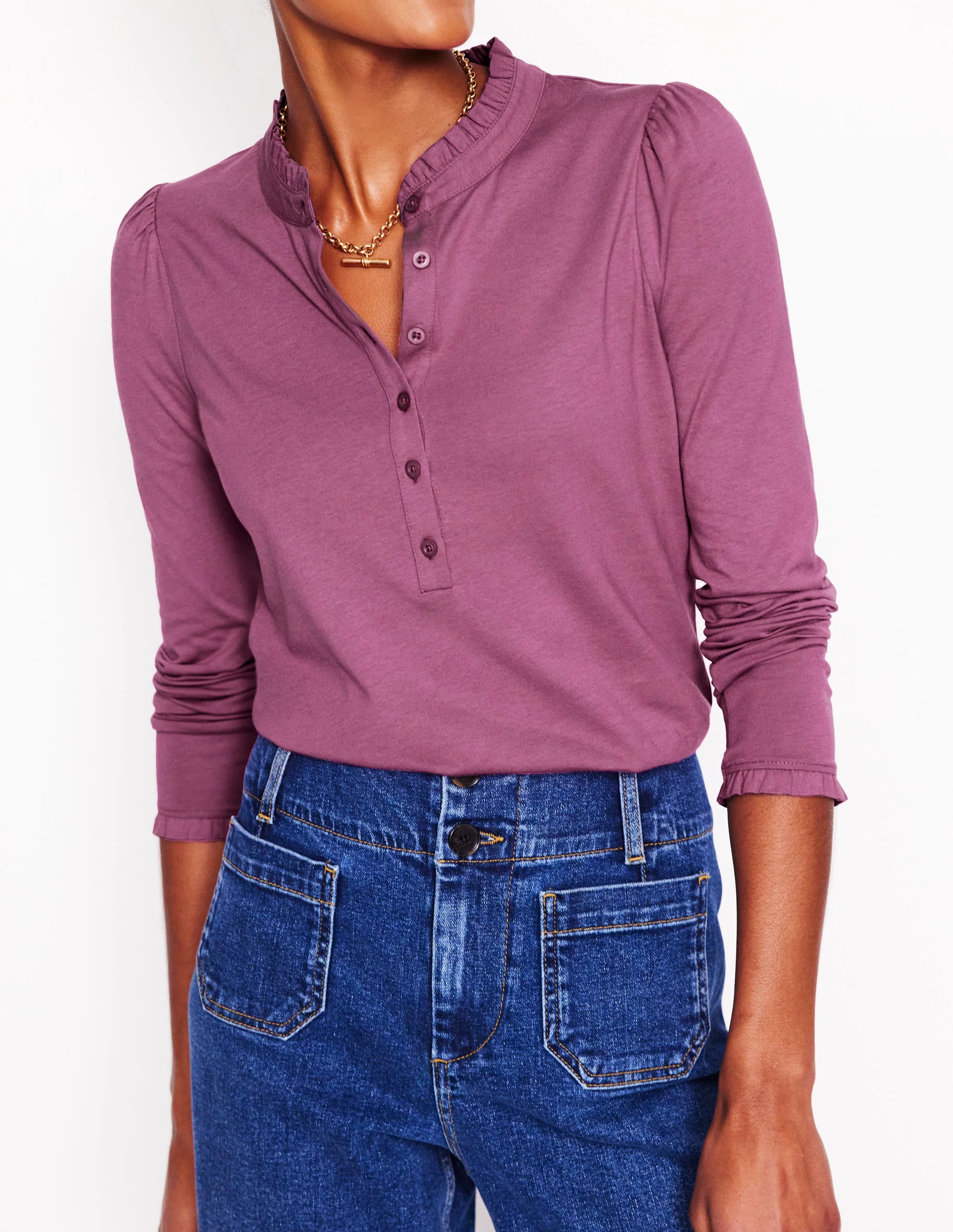 Supersoft Frill Henley Top-Purple Damson - Image 2