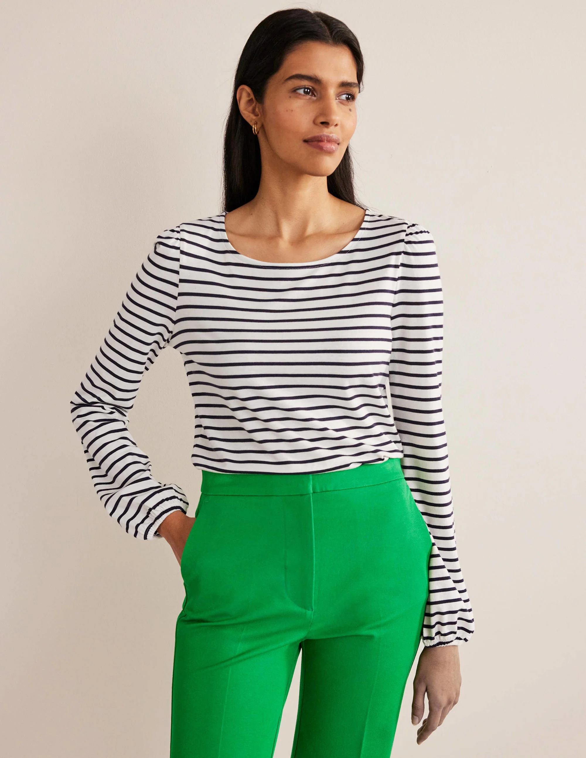 Supersoft Long Sleeve Top-Ivory/ Navy - Image 4