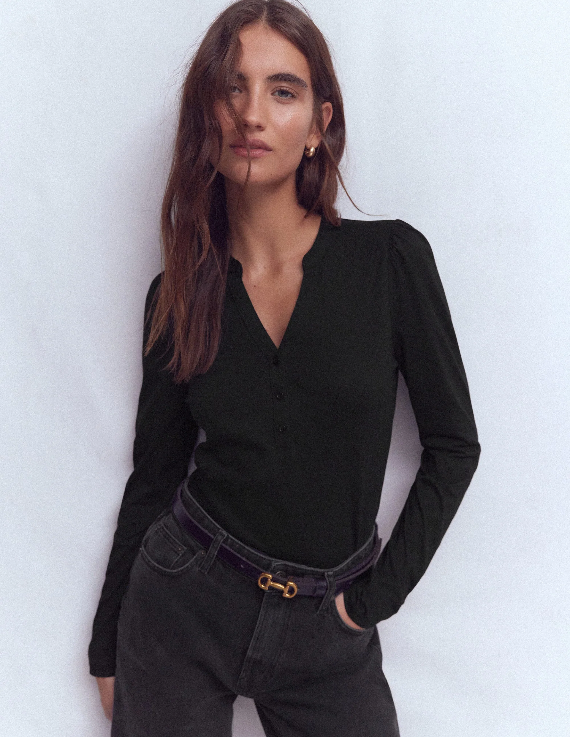 Supersoft Open Neck Henley-Black
