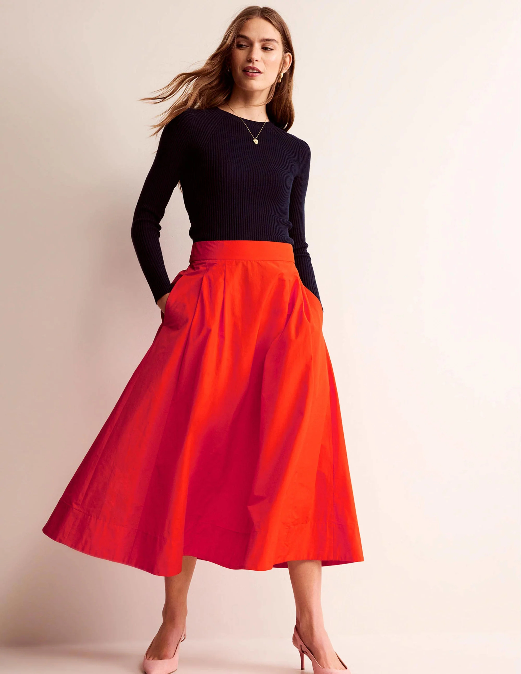 Taffeta Pull-on Midi Skirt-Red