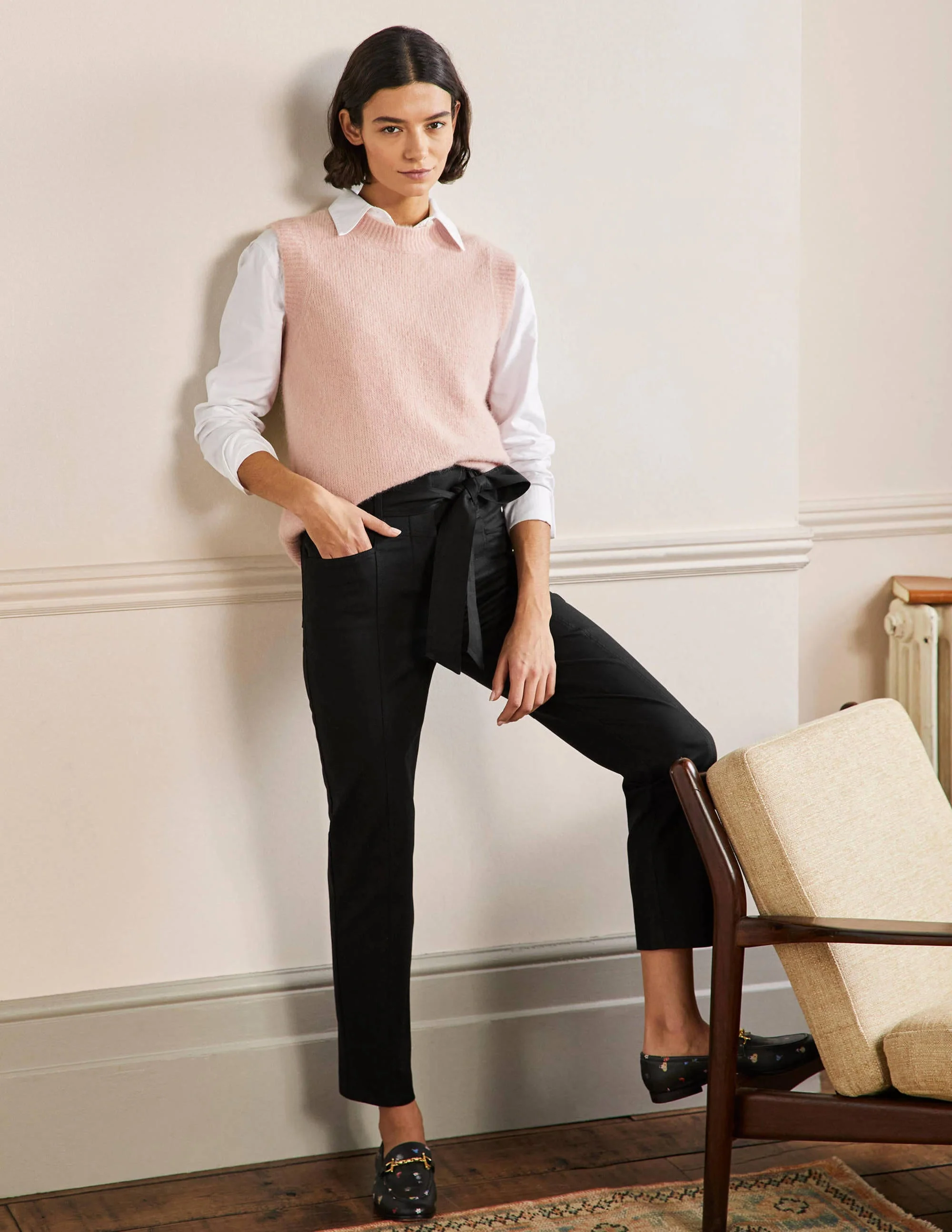 Tailored Tie Waist Pants-Black