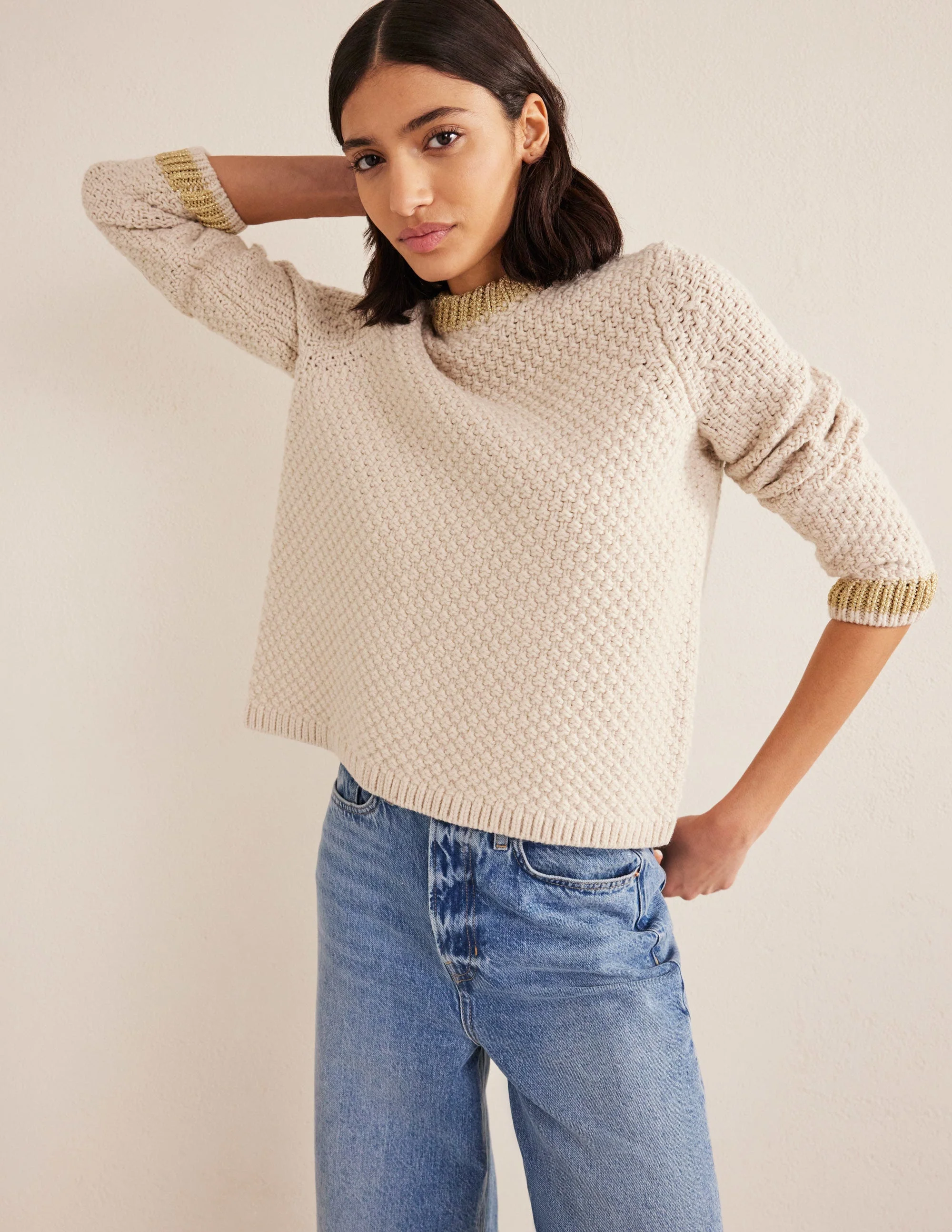 Textured Chunky Wool Sweater-Shearling, Gold