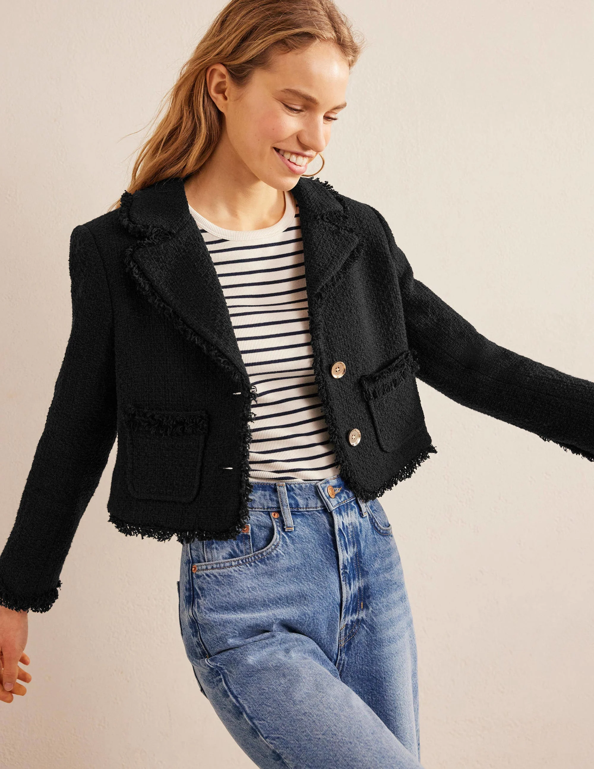 Textured Fitted Cropped Jacket-Black - Image 3