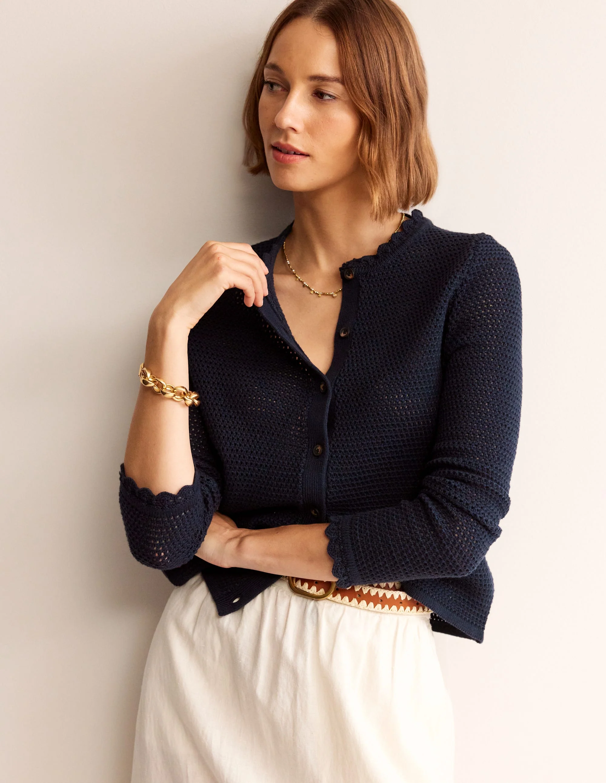Textured Scallop Cardigan-Navy