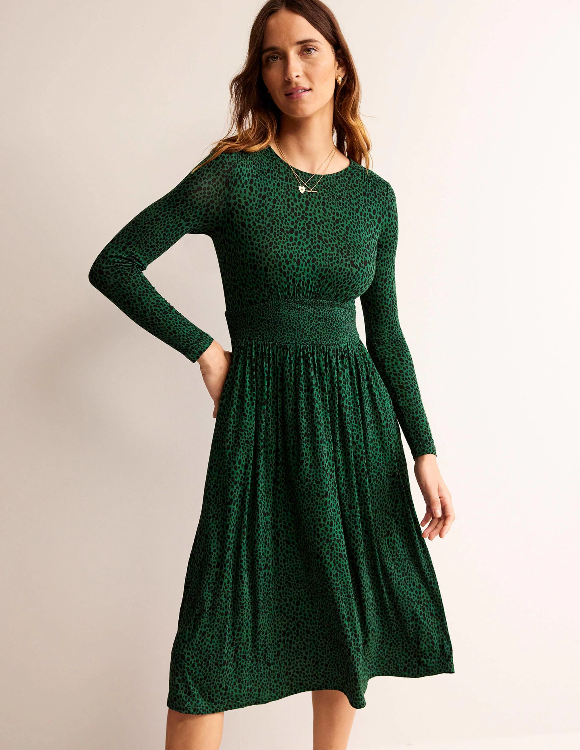 Thea Long Sleeve Midi Dress-Amazon Green, Animal Spot - Image 4