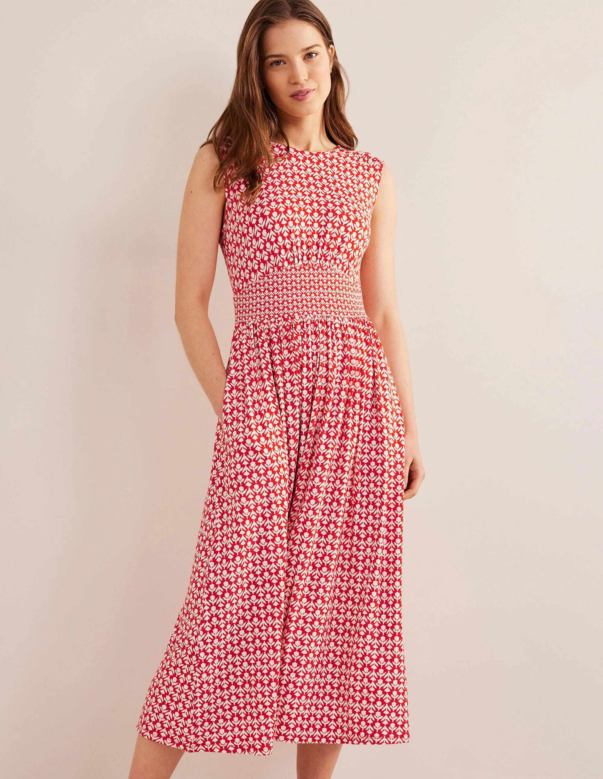 Thea Sleeveless Midi Dress-Vermillion, Tulip Pop
