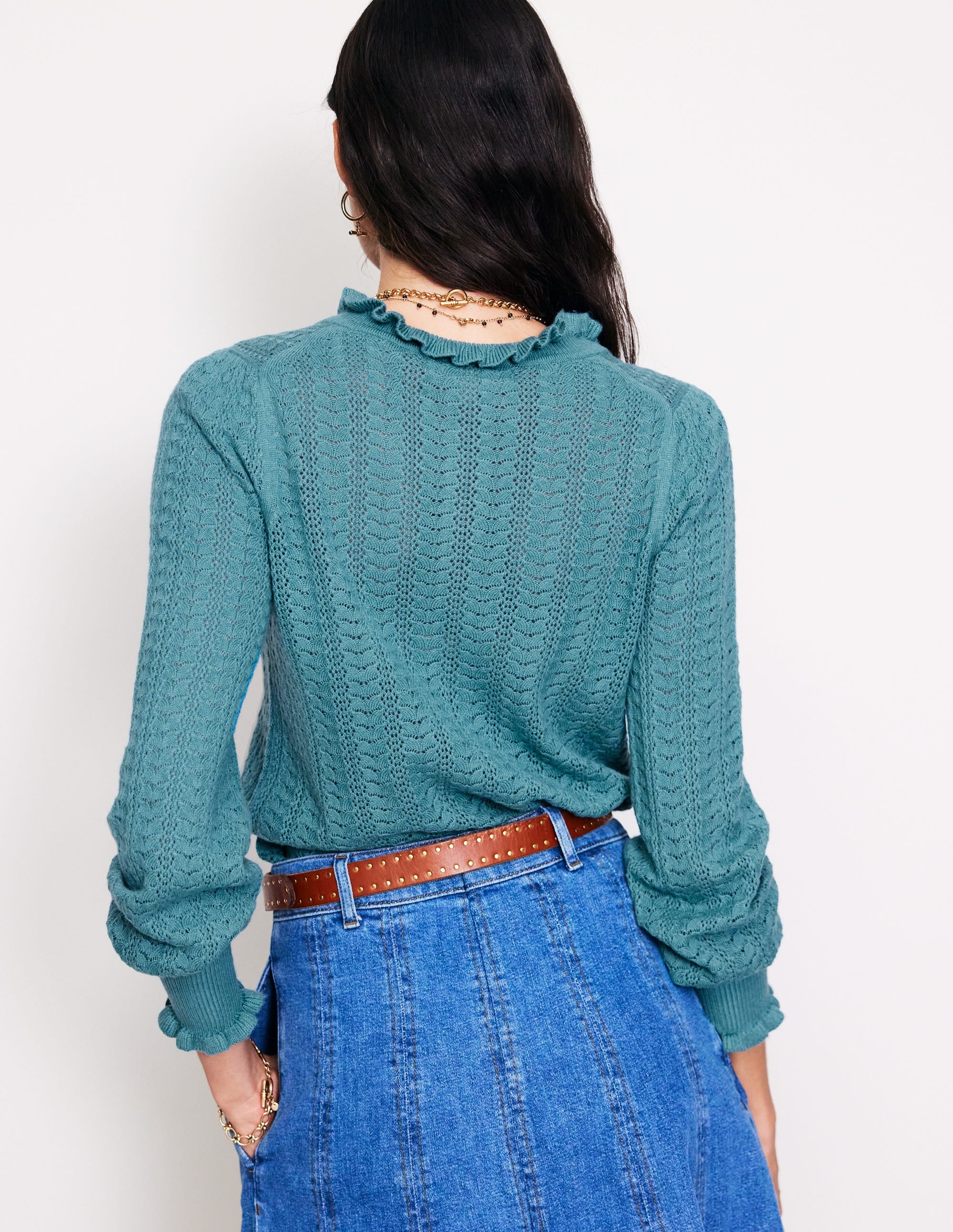 Tia Pointelle Frilled Cardigan-Blue Grass - Image 3