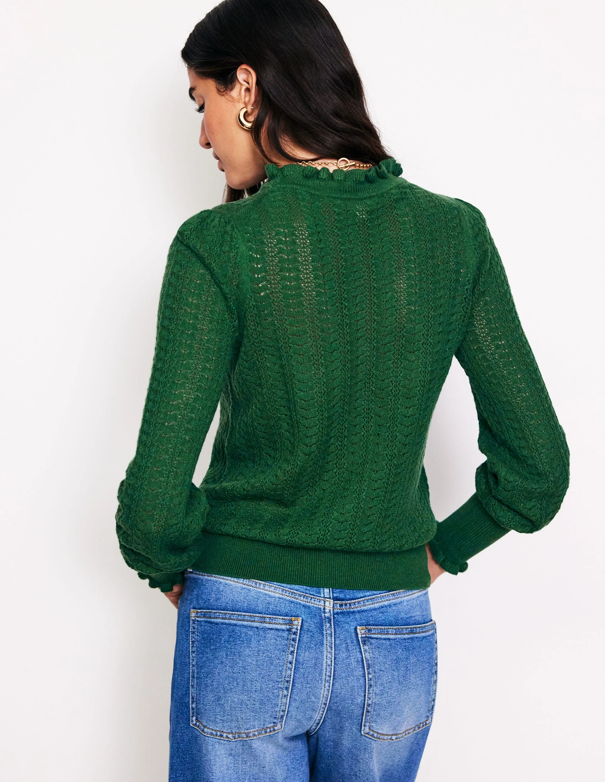 Tia Pointelle Frilled Sweater-Pine Green - Image 3