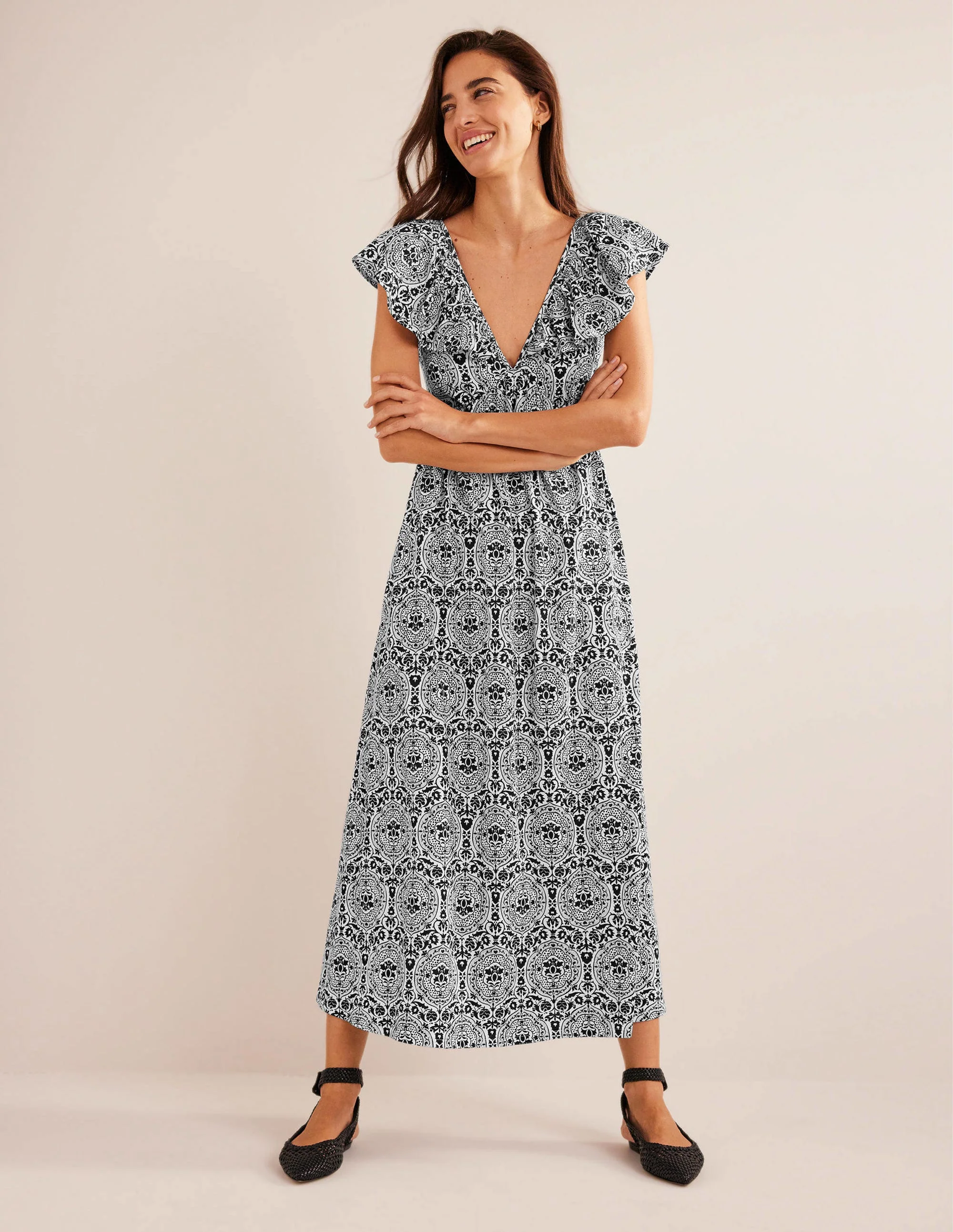 Tie Back Jersey Maxi Dress-Black, Exotic Tile
