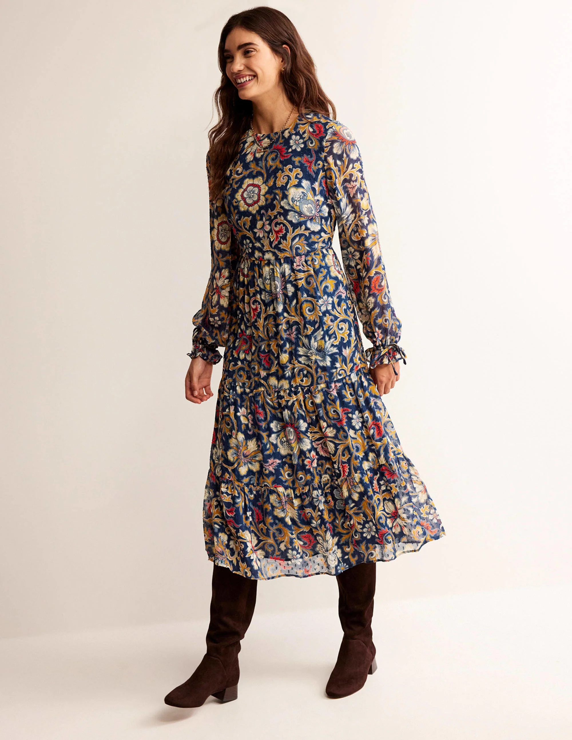 Tie Detail Tiered Midaxi Dress-Multi, Botanical Lawn