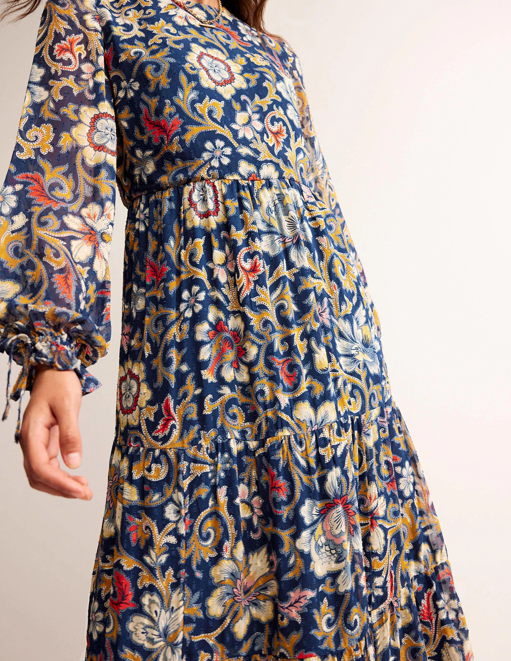 Tie Detail Tiered Midaxi Dress-Multi, Botanical Lawn - Image 2