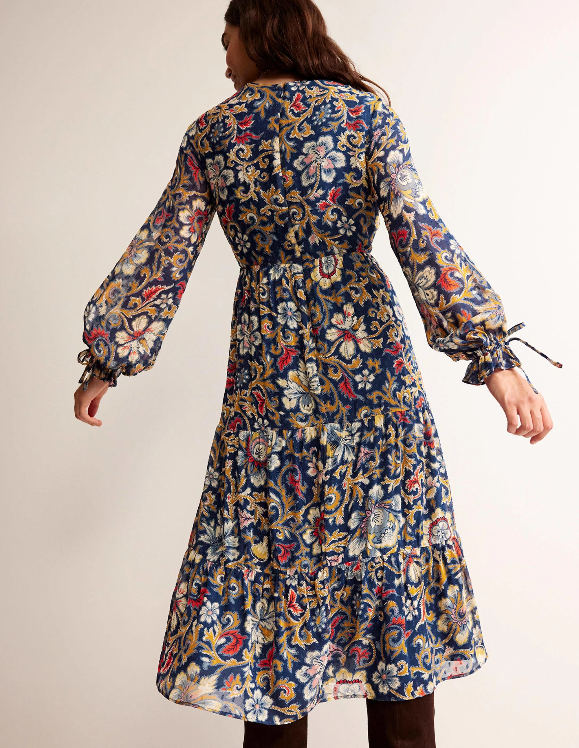 Tie Detail Tiered Midaxi Dress-Multi, Botanical Lawn - Image 3