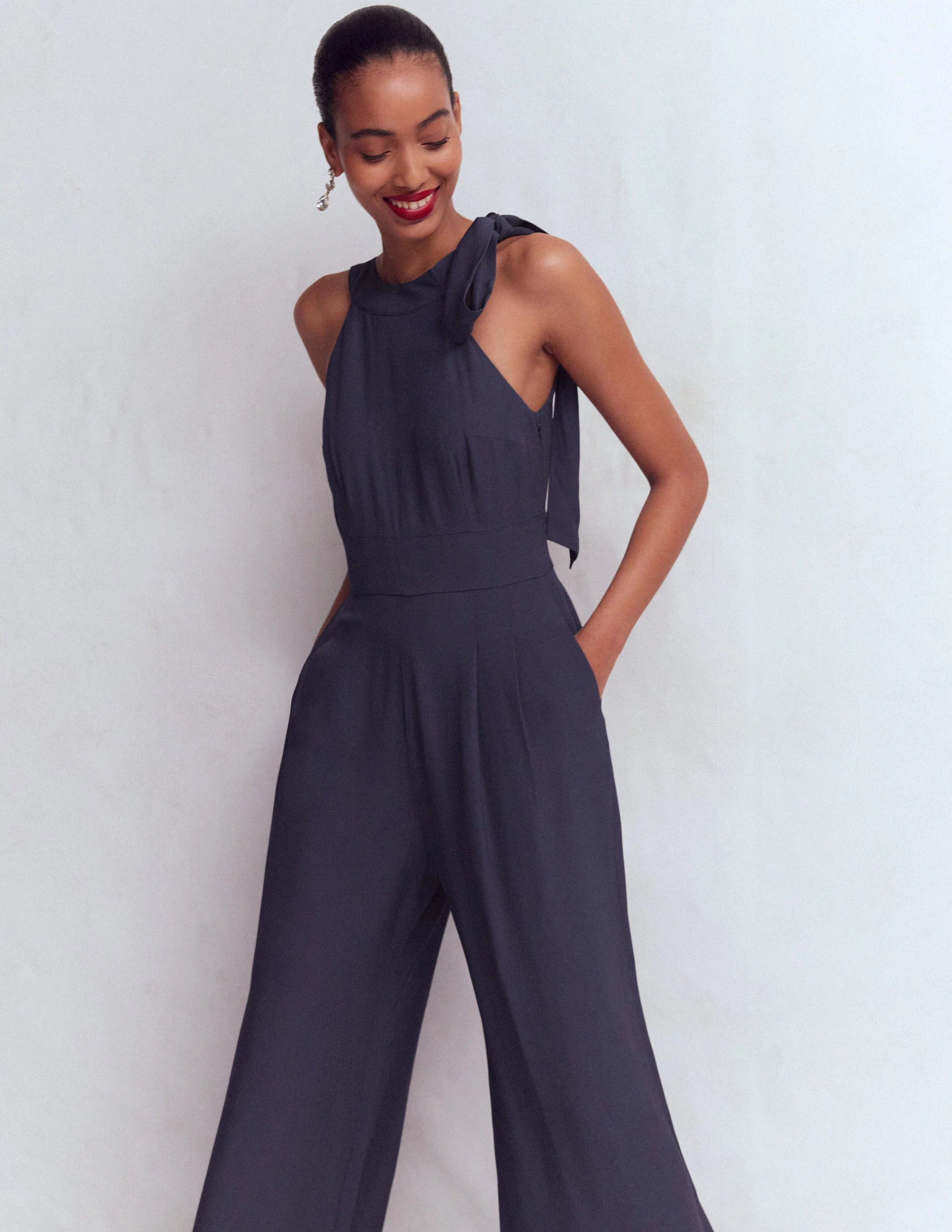 Tie Halter Neck Jumpsuit-Navy - Image 4