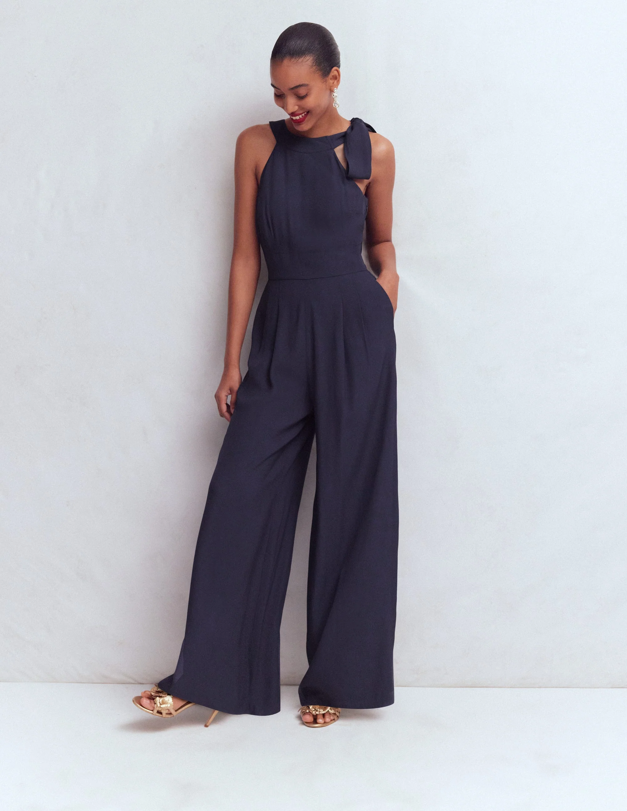 Tie Halter Neck Jumpsuit-Navy - Image 5