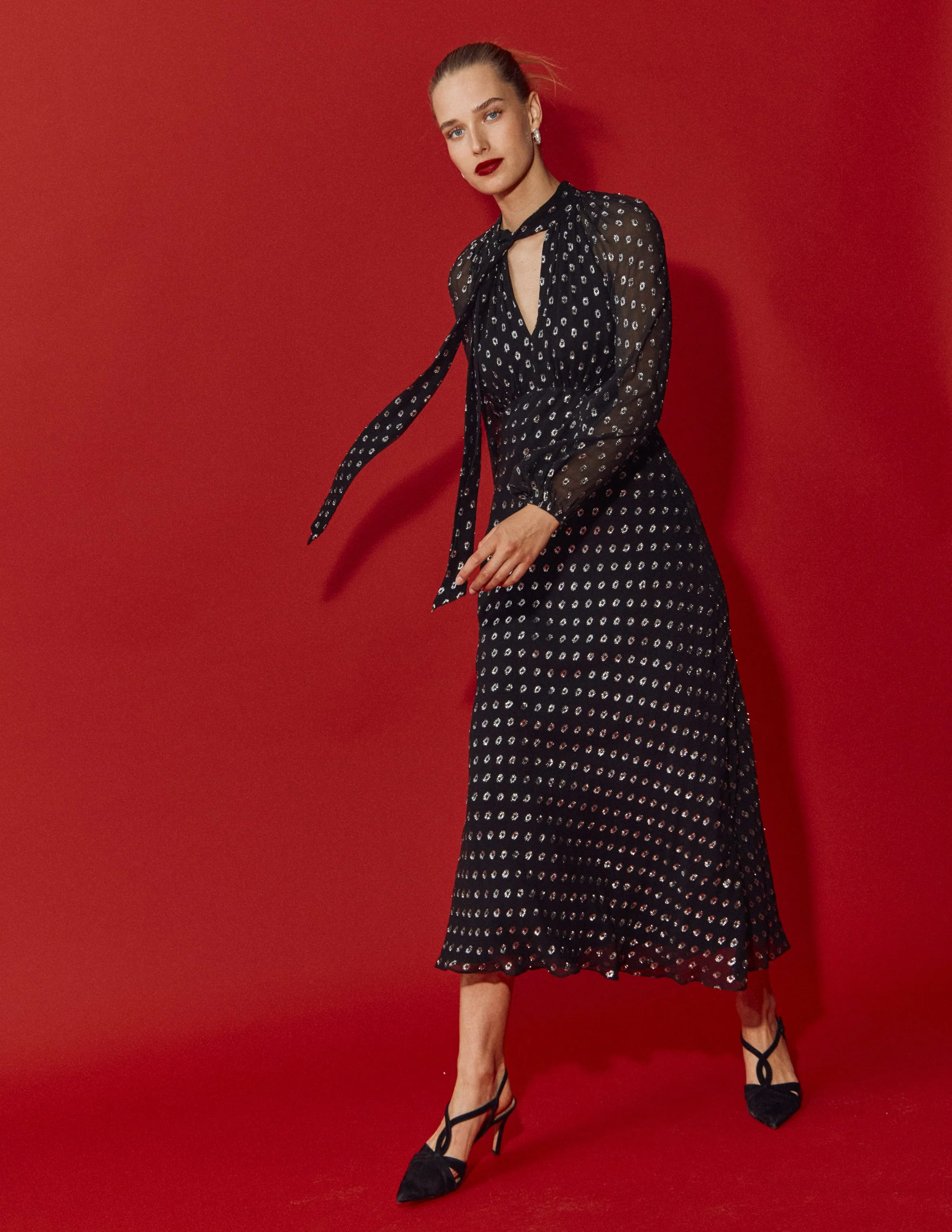 Tie Neck Midi Dress-Black and Silver Clip - Image 6