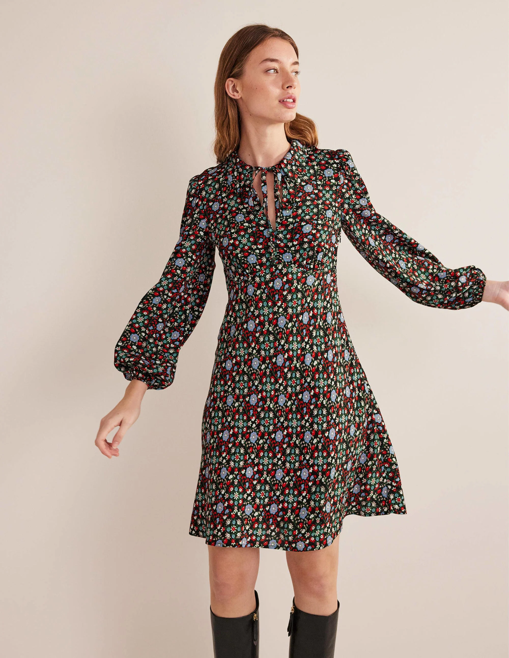 Tie Neck Shirt Dress-Black, Gardenia Swirl