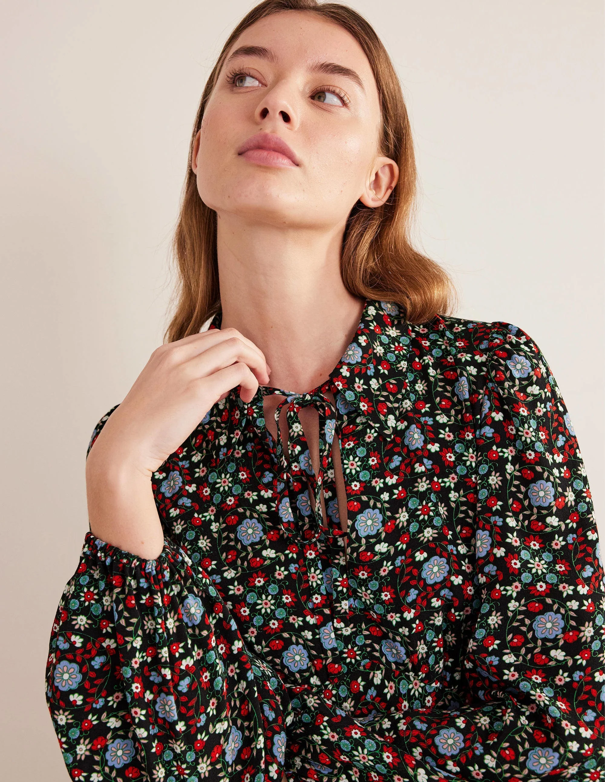 Tie Neck Shirt Dress-Black, Gardenia Swirl - Image 2