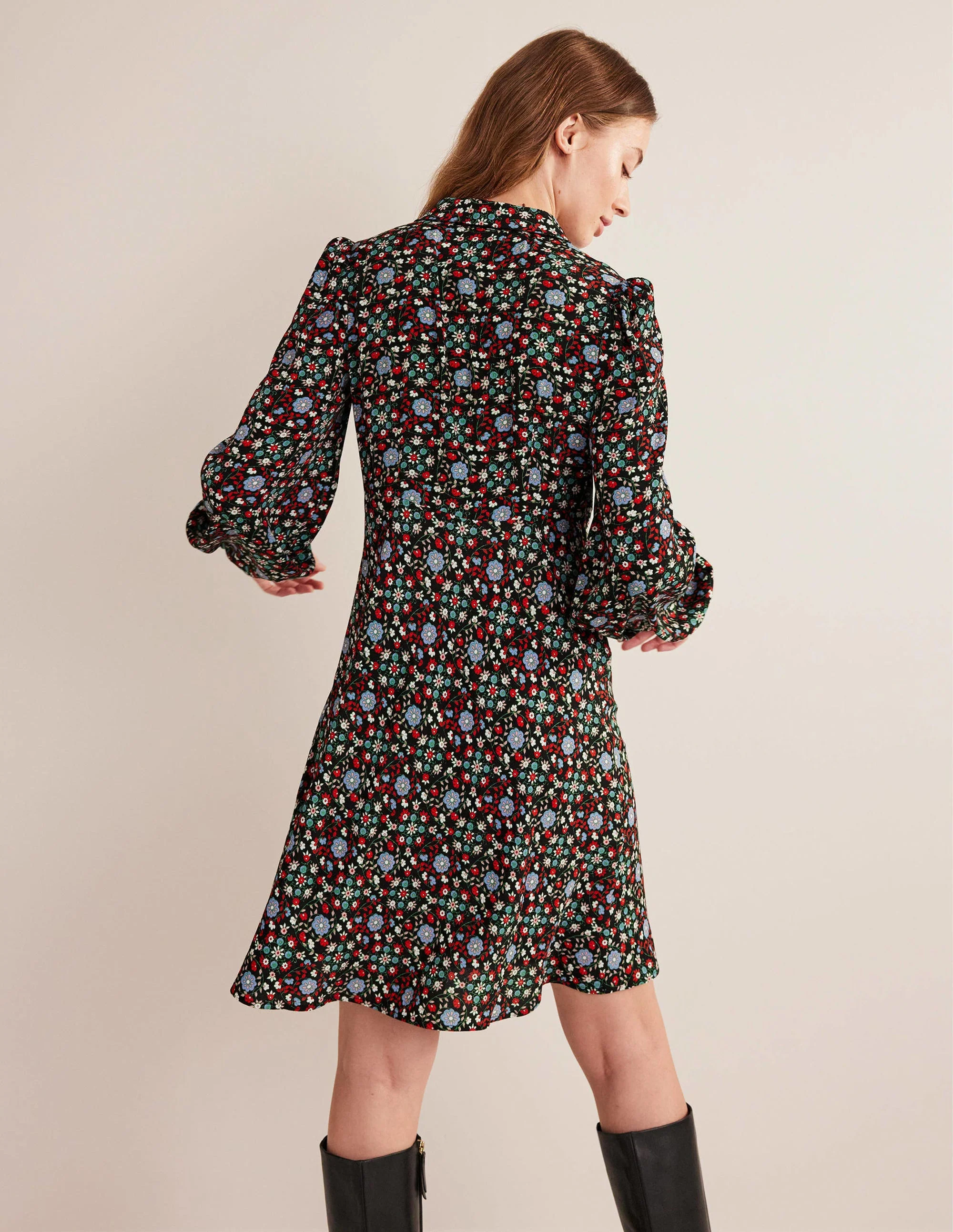 Tie Neck Shirt Dress-Black, Gardenia Swirl - Image 3