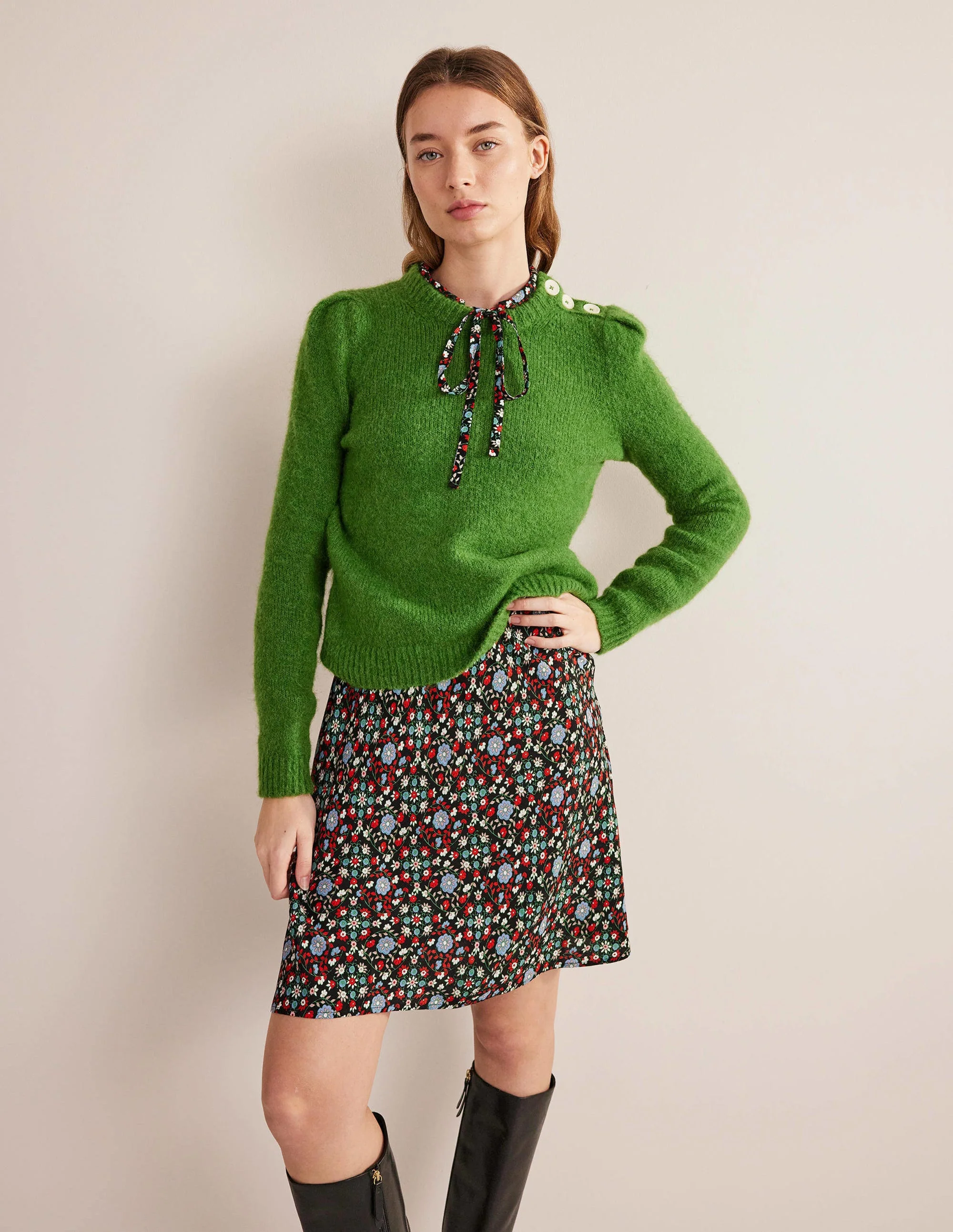 Tie Neck Shirt Dress-Black, Gardenia Swirl - Image 5