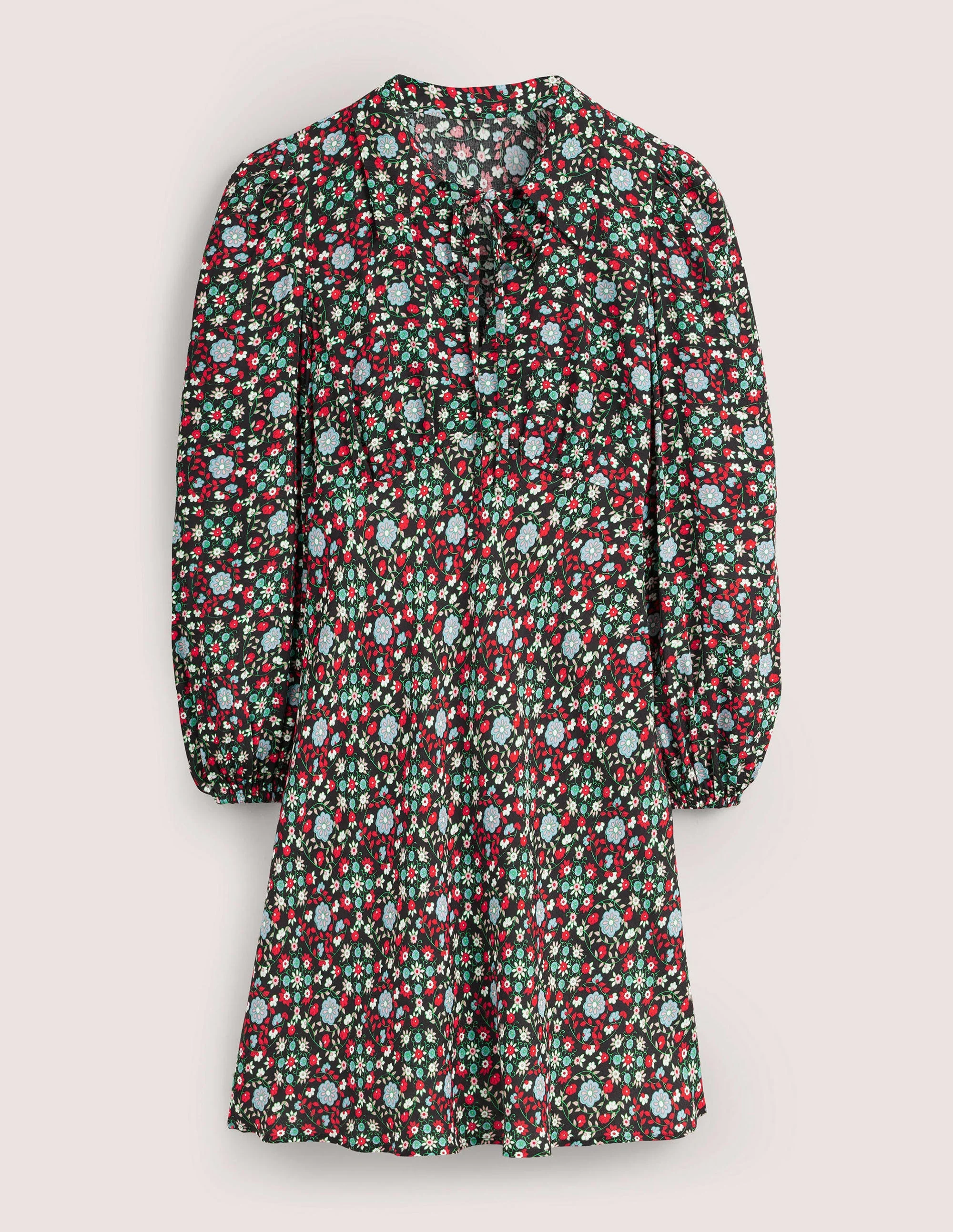 Tie Neck Shirt Dress-Black, Gardenia Swirl - Image 6
