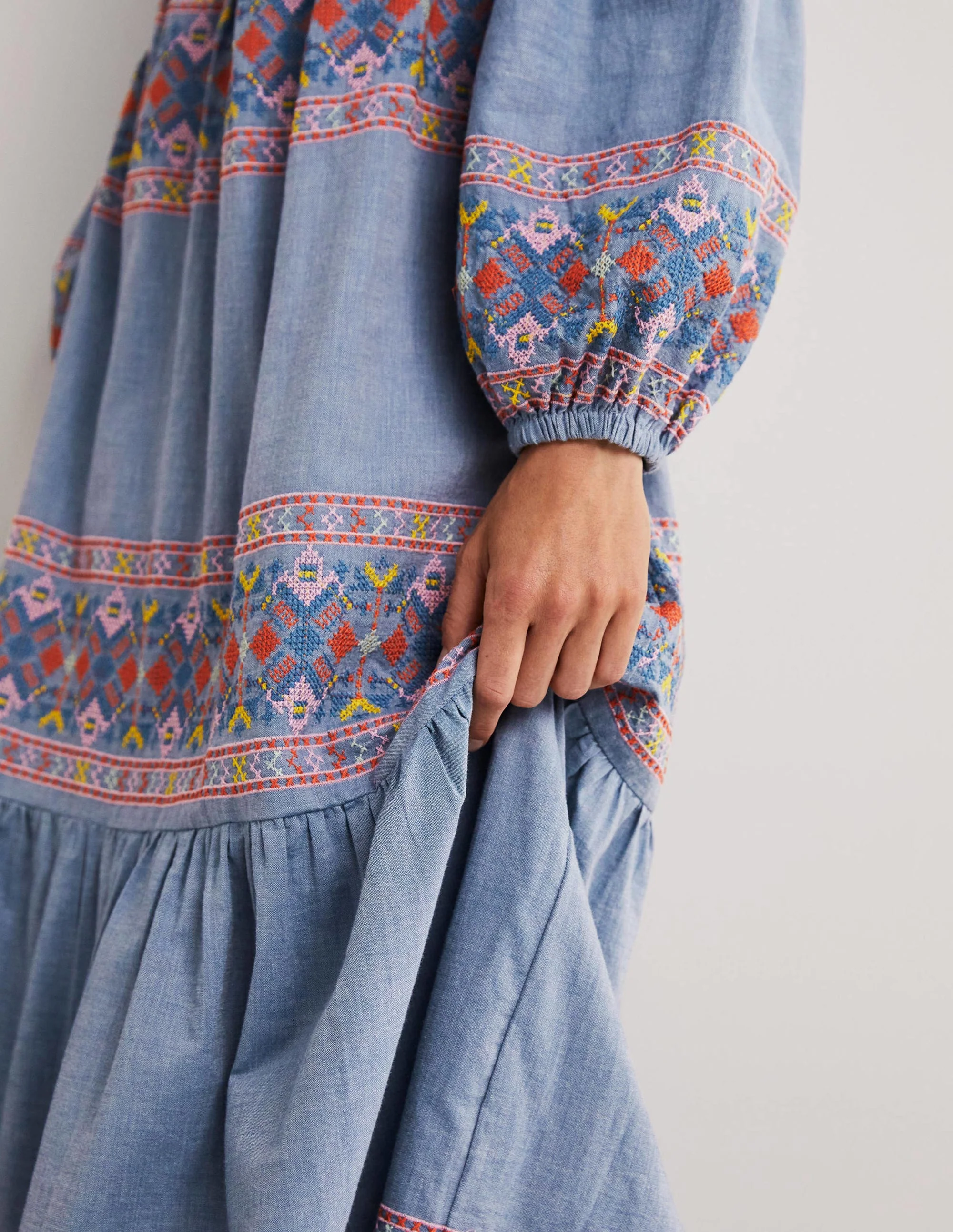 Tiered Embroidered Maxi Dress-Light Chambray - Image 5