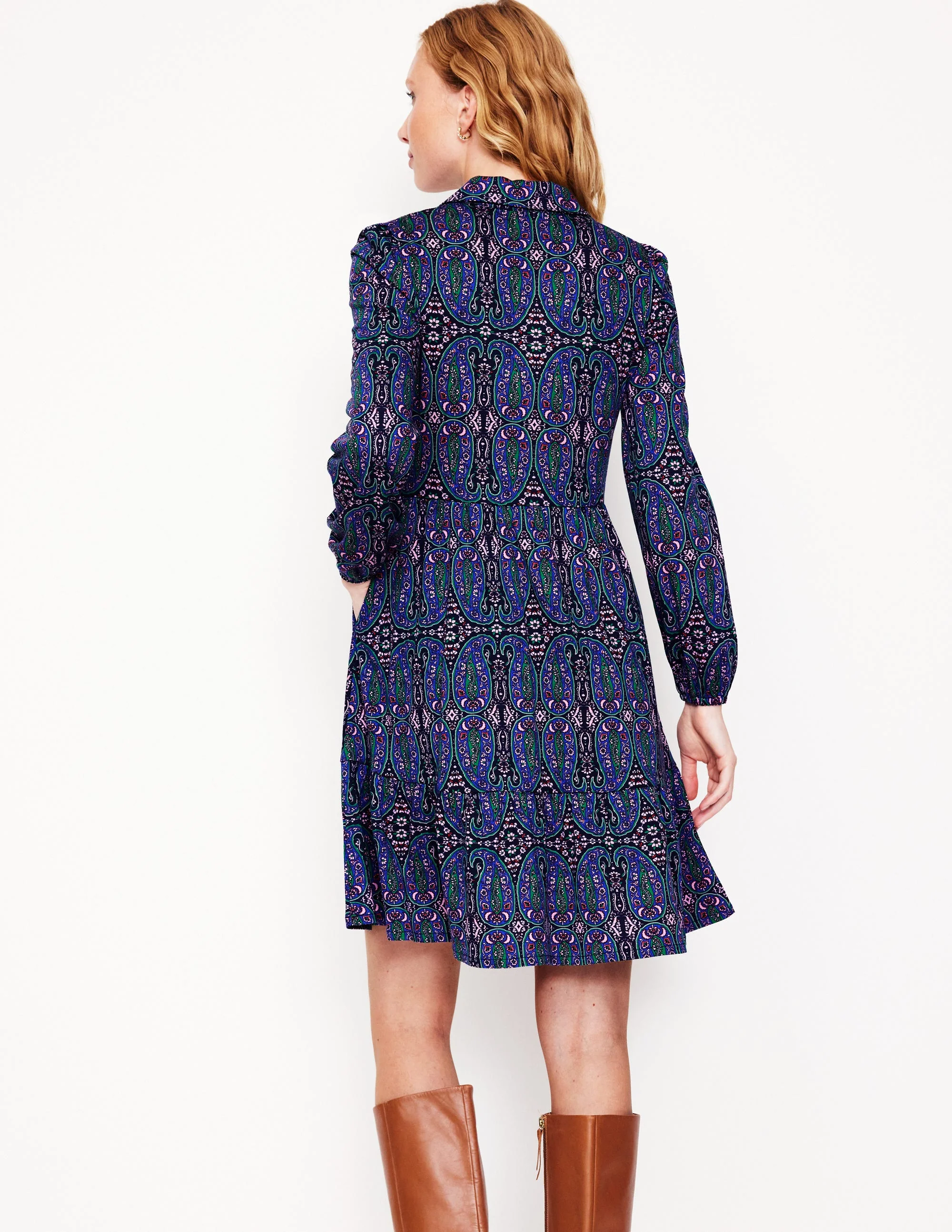 Tiered Jersey Shirt Dress-Navy, Paisley Bud Variation - Image 3