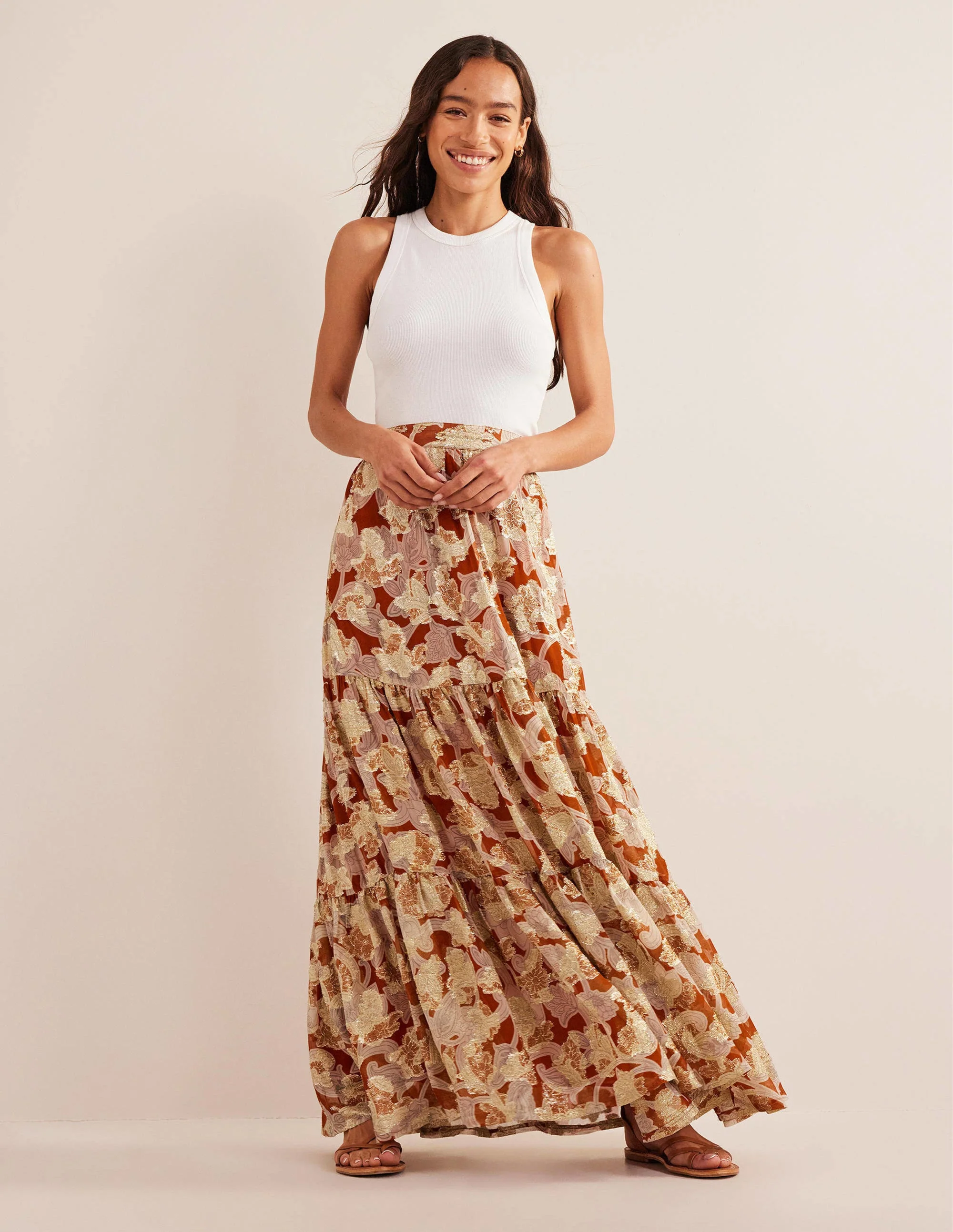 Tiered Metallic Maxi Skirt-Rust, Paisley Whirl