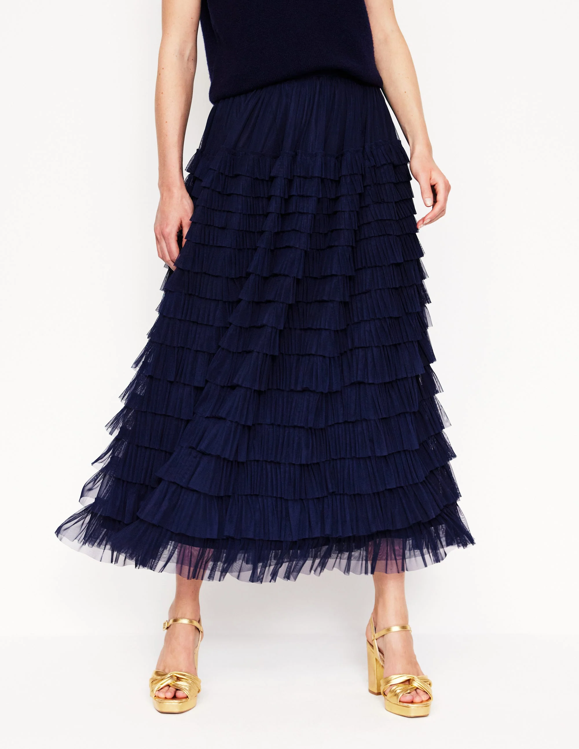 Tiered Tulle Ruffle Maxi Skirt-Navy - Image 4
