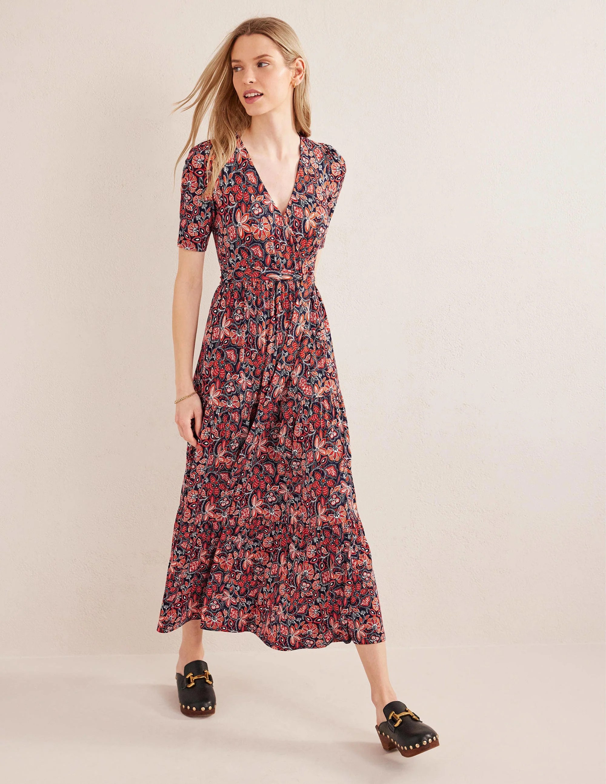 Tiered Wrap Jersey Maxi Dress-Rust, Oriental Lily