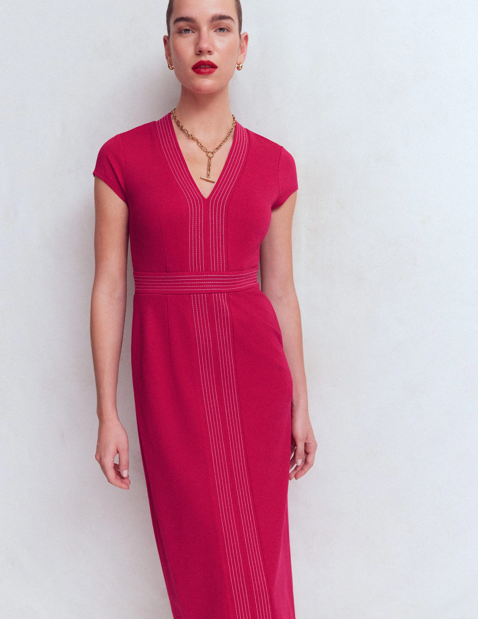 Topstitch V-neck Ponte Dress-Pomegranate - Image 4