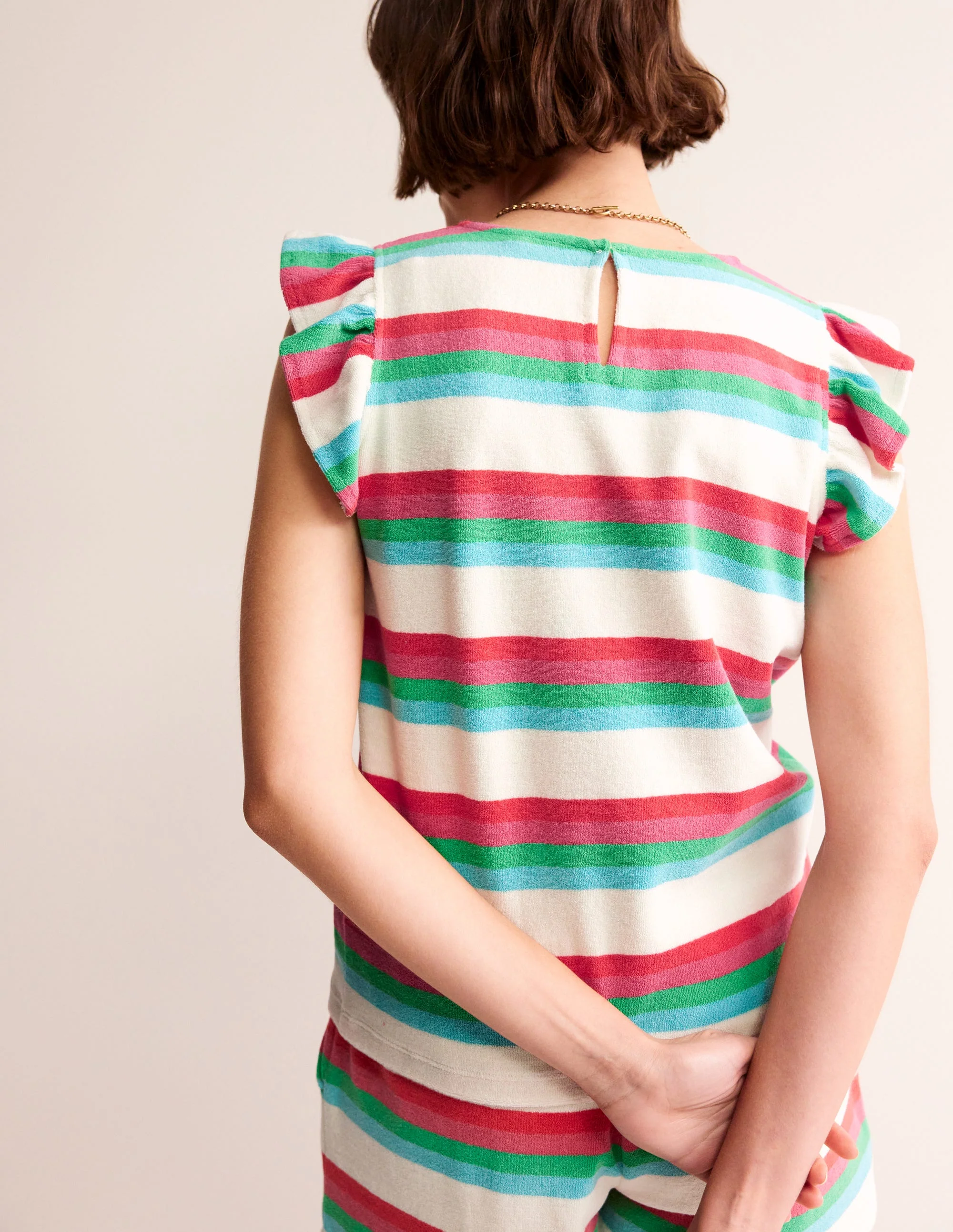 Towelling Frilled T-Shirt-Ivory, Multi - Image 3