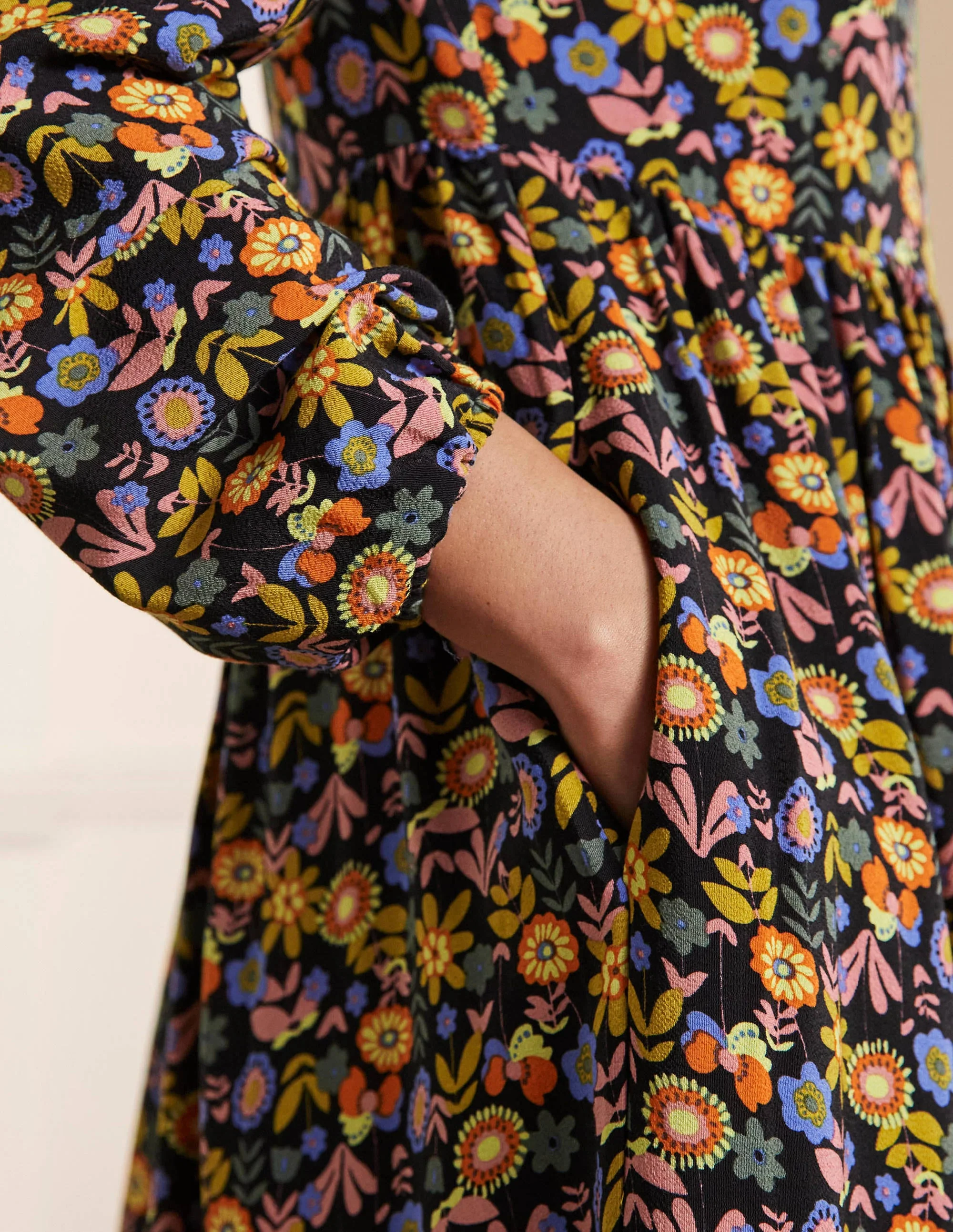 Trim Detail Maxi Dress-Black, Multi Flora Bloom - Image 2