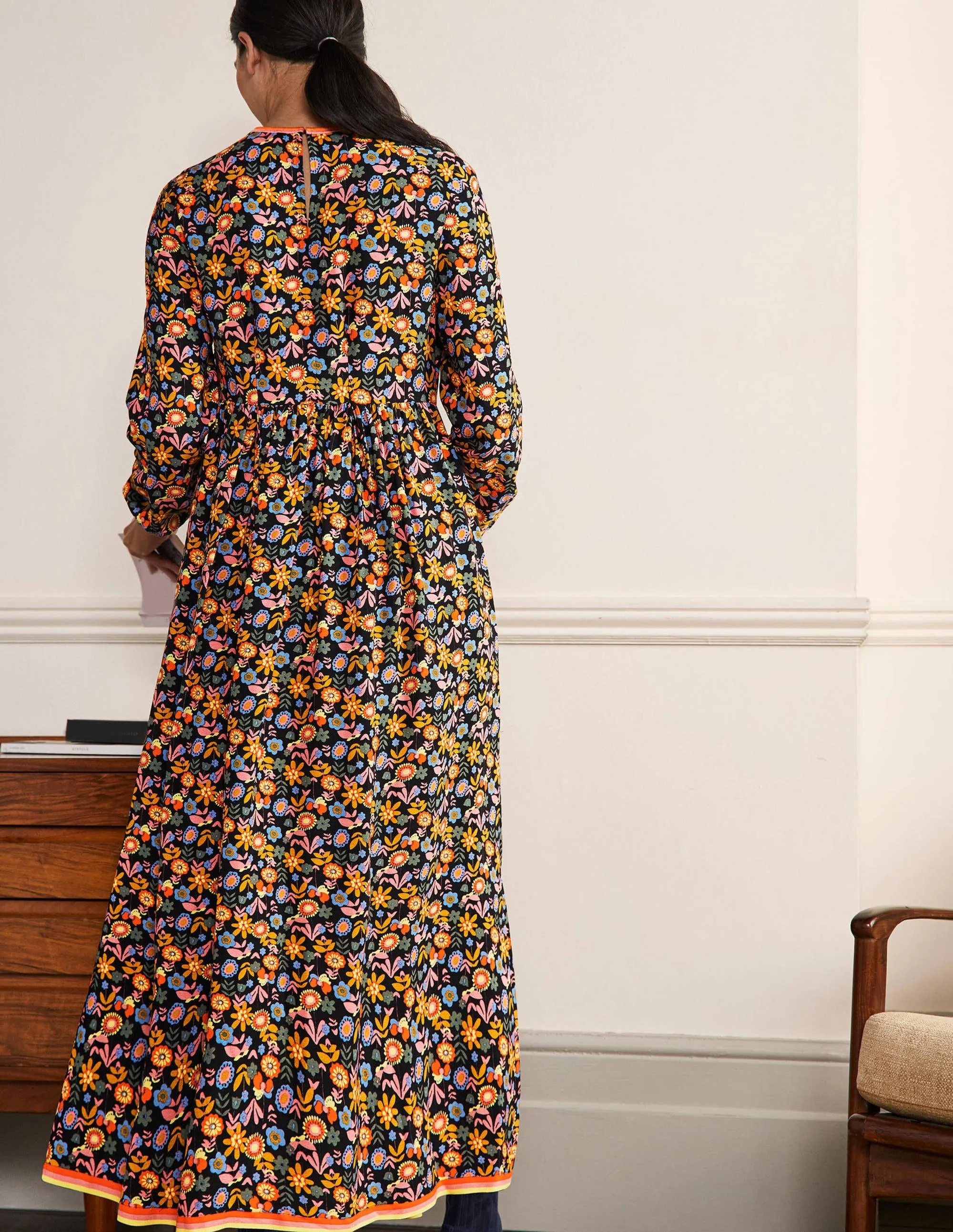 Trim Detail Maxi Dress-Black, Multi Flora Bloom - Image 3