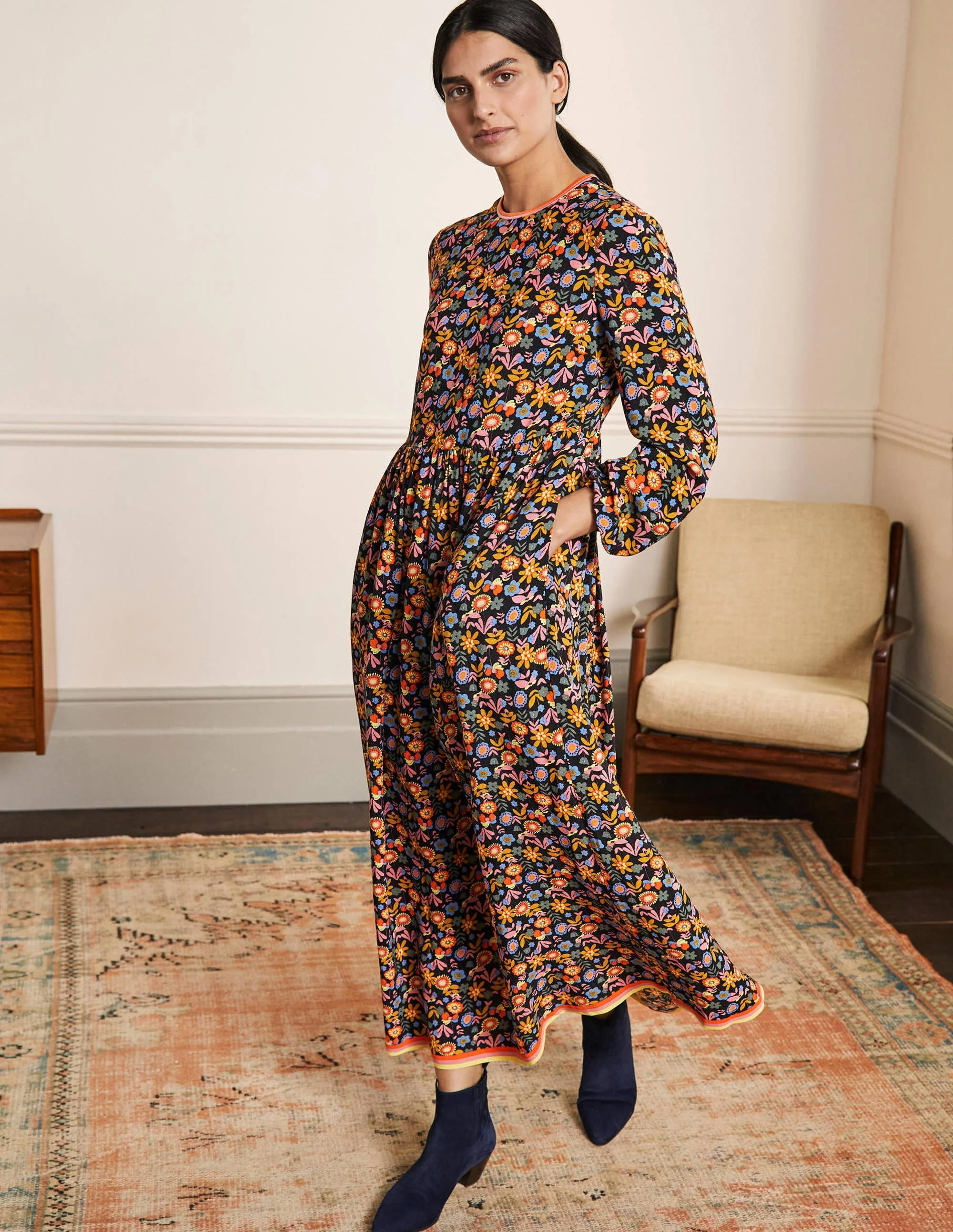 Trim Detail Maxi Dress-Black, Multi Flora Bloom - Image 4