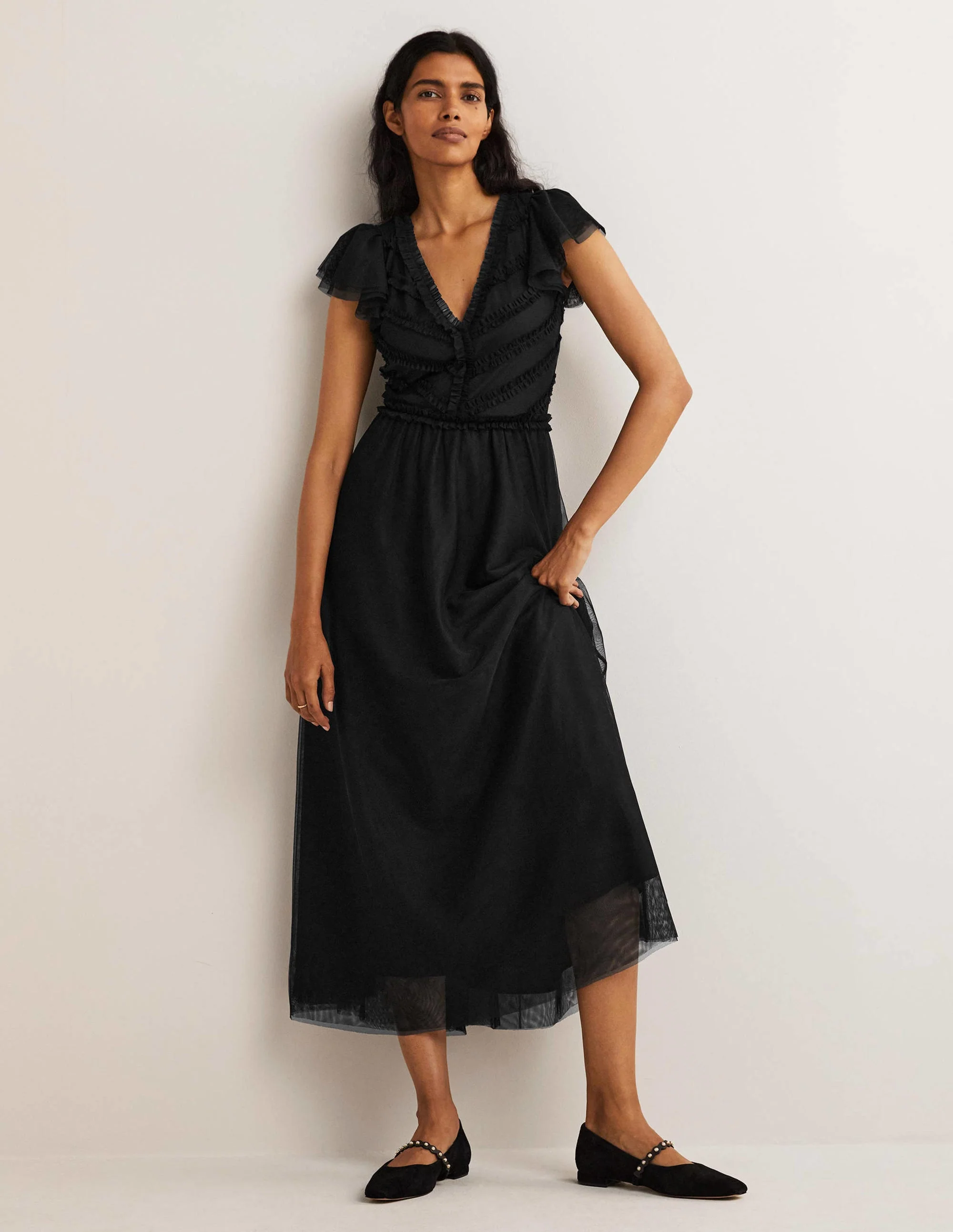 Tulle V-Neck Maxi Party Dress-Black - Image 2