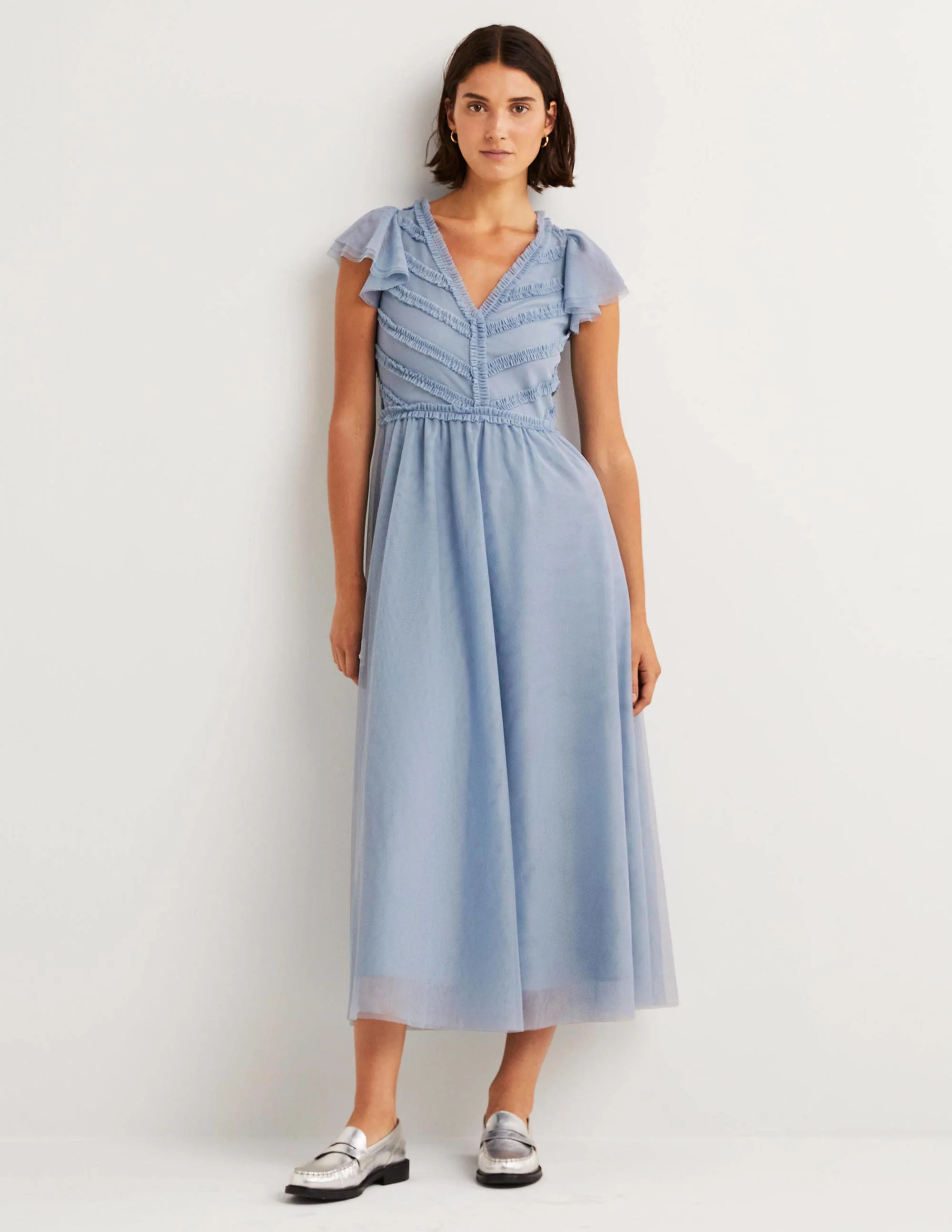 Tulle V-Neck Maxi Party Dress-Dusty Blue