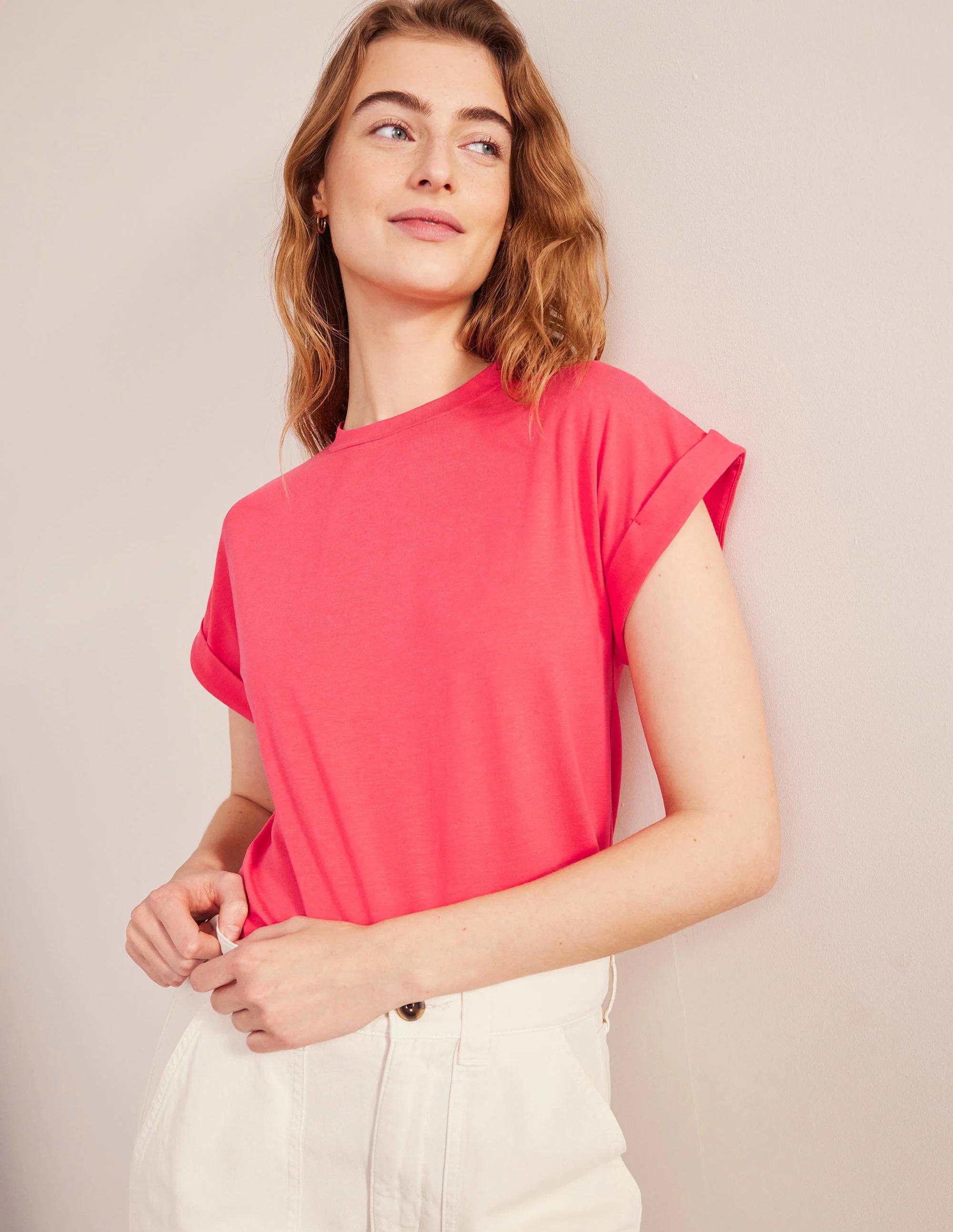 Turn Back Sleeve Crew T-Shirt-Festival Pink - Image 4