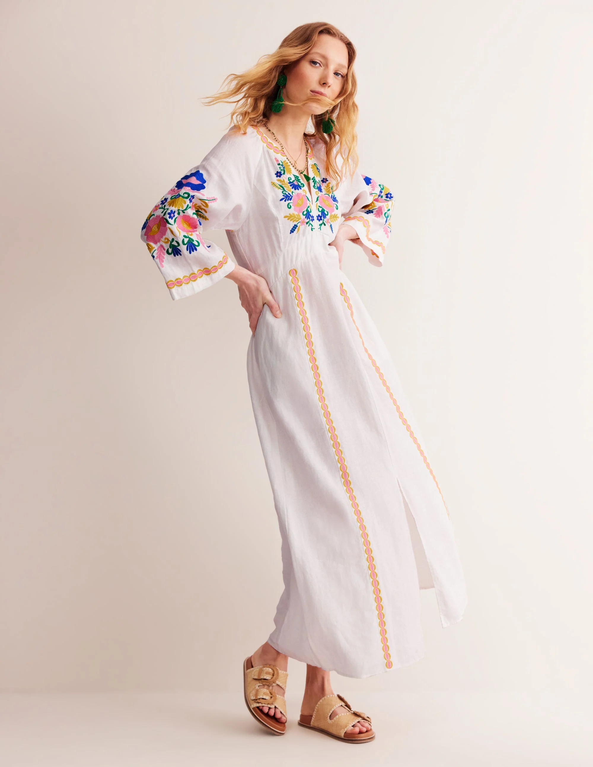 Una Linen Midi Dress-Ivory Embroidery