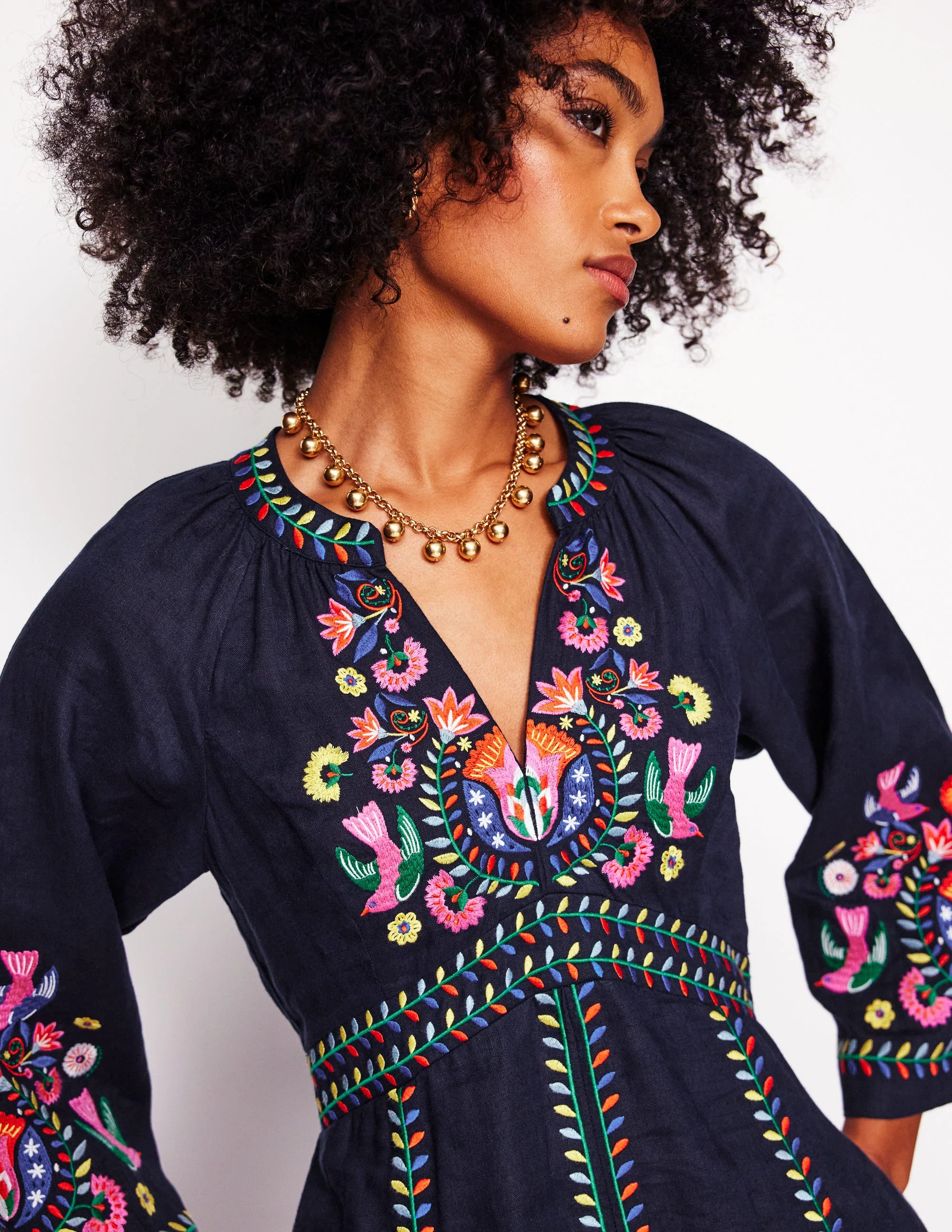 Una Linen Midi Dress-Navy, Multi Embroidery