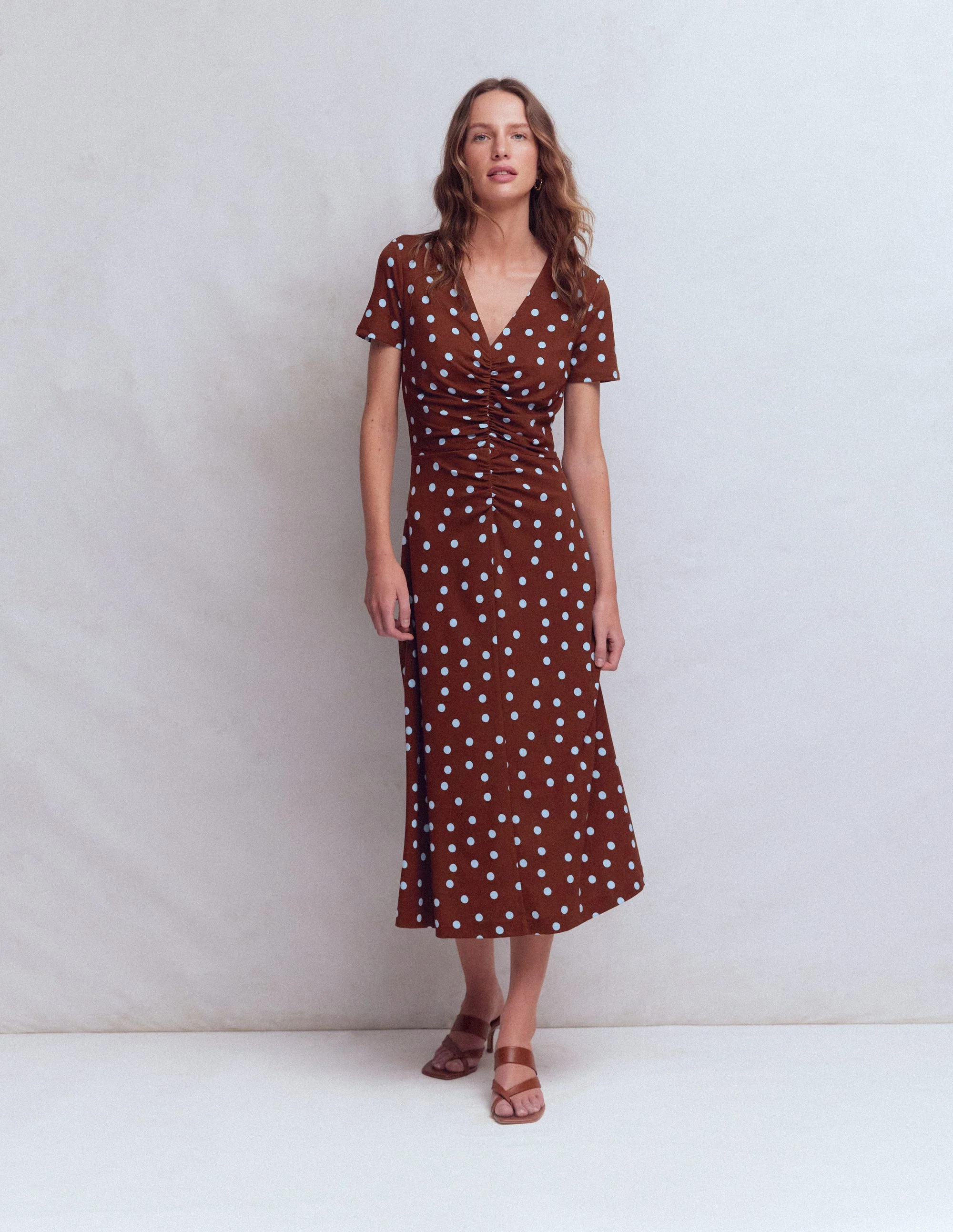 Una Ruched Front Ponte Dress-Raw Umber, Painted Dot - Image 4