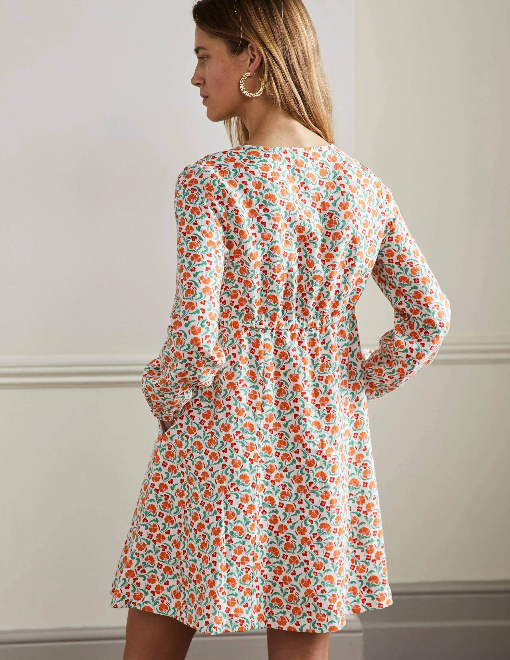 V-Neck Flippy Mini Dress-Bright Papaya, Delicate Bud - Image 3