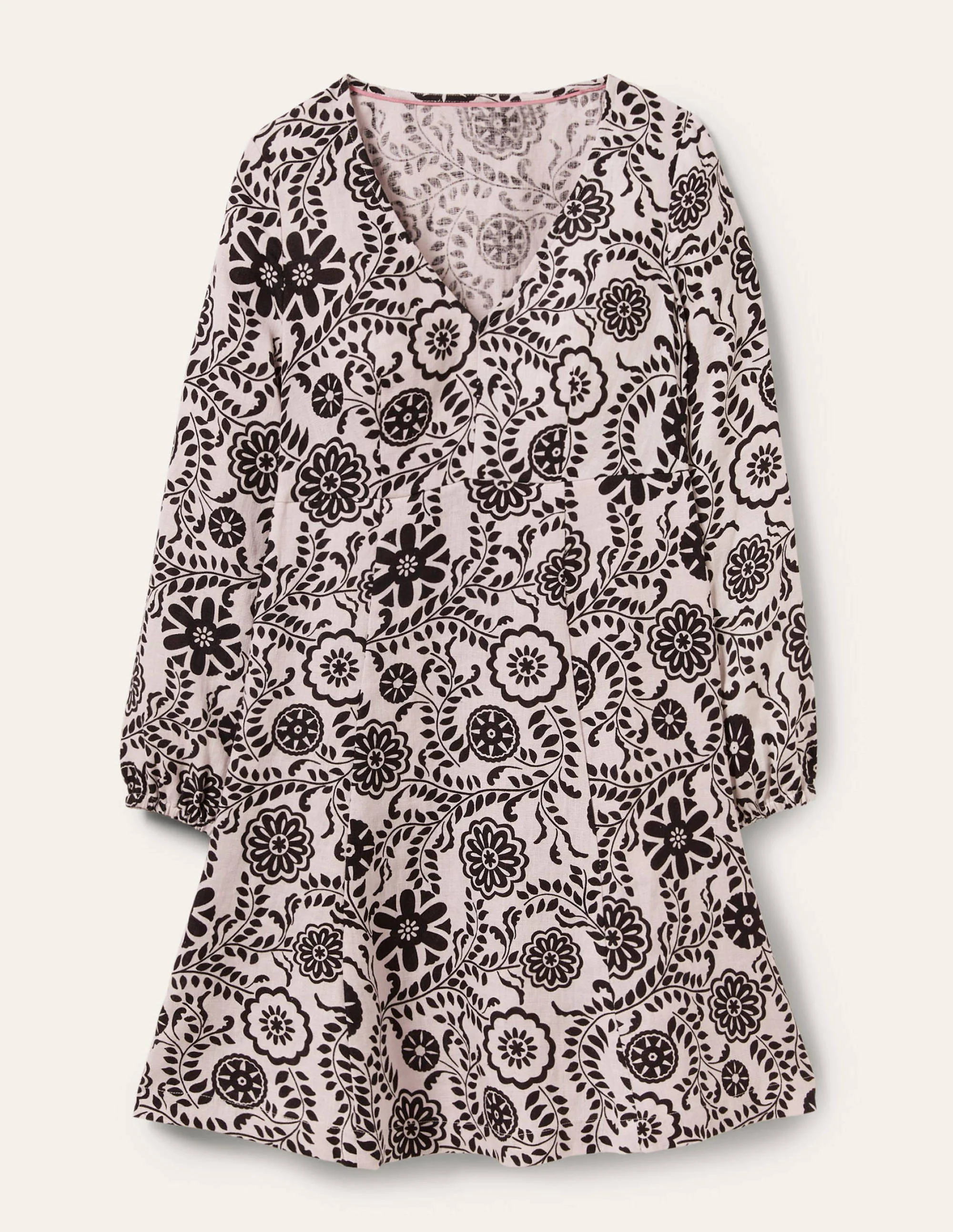 V-Neck Flippy Mini Dress-Ivory, Black Opulent Garden - Image 5