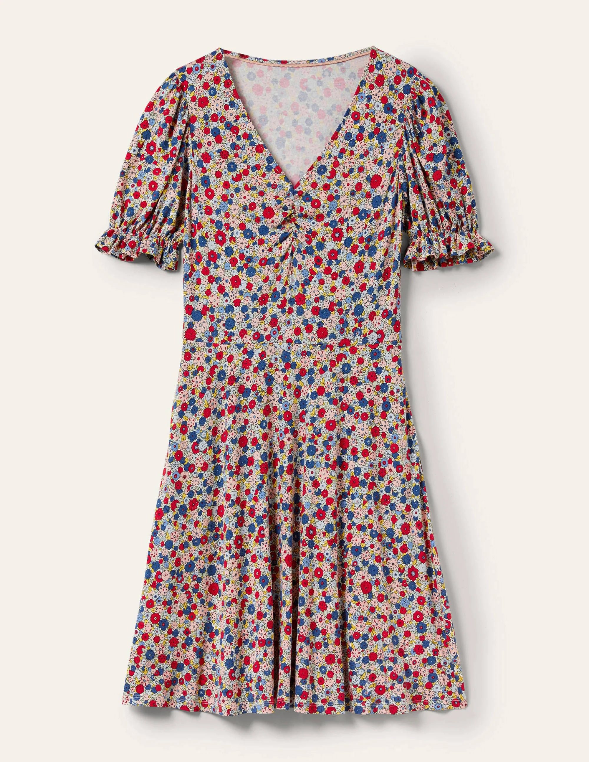 V-Neck Jersey Dress-Riviera Blue, Floret Cluster - Image 5