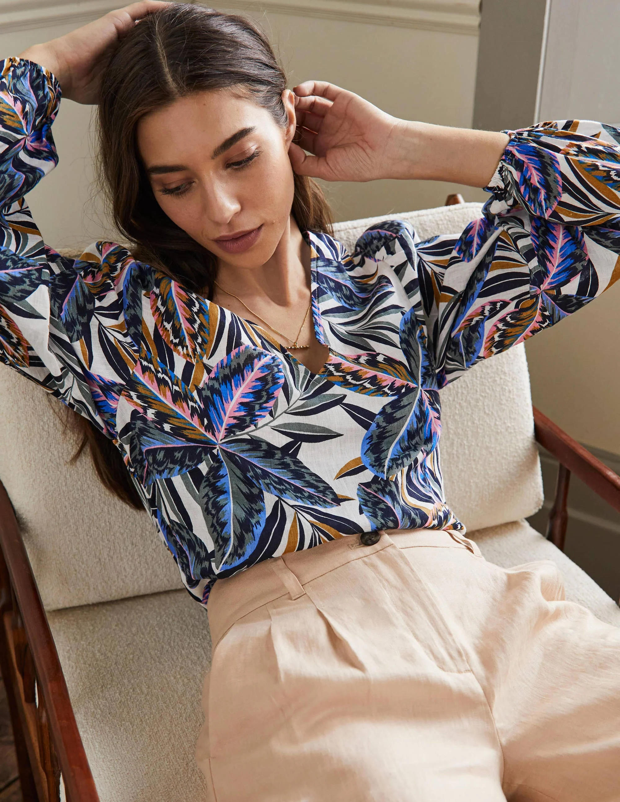 V-Neck Linen Top-Multi, Exotic Leaves - Image 4