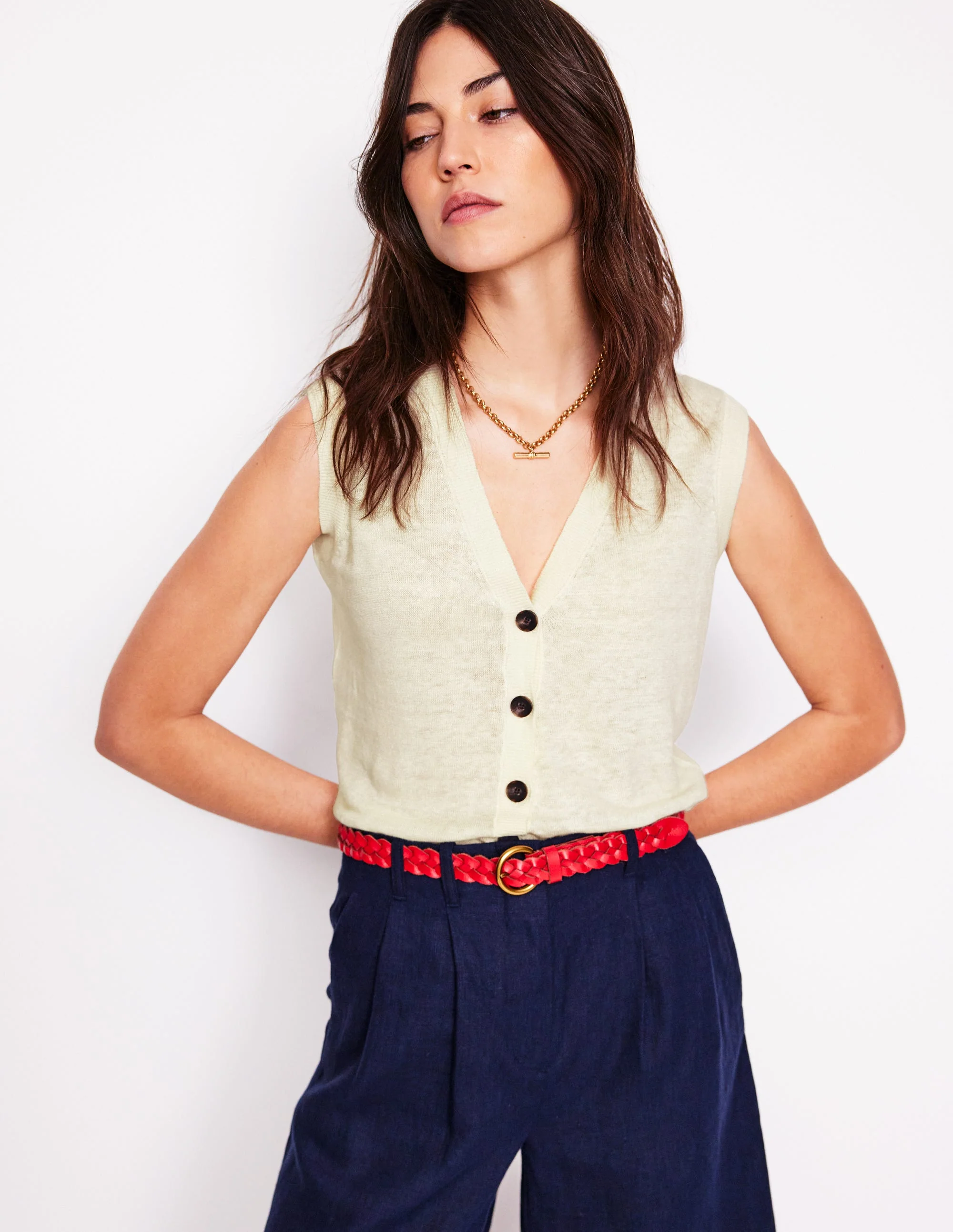 V-Neck Linen Waistcoat-Warm Ivory - Image 4