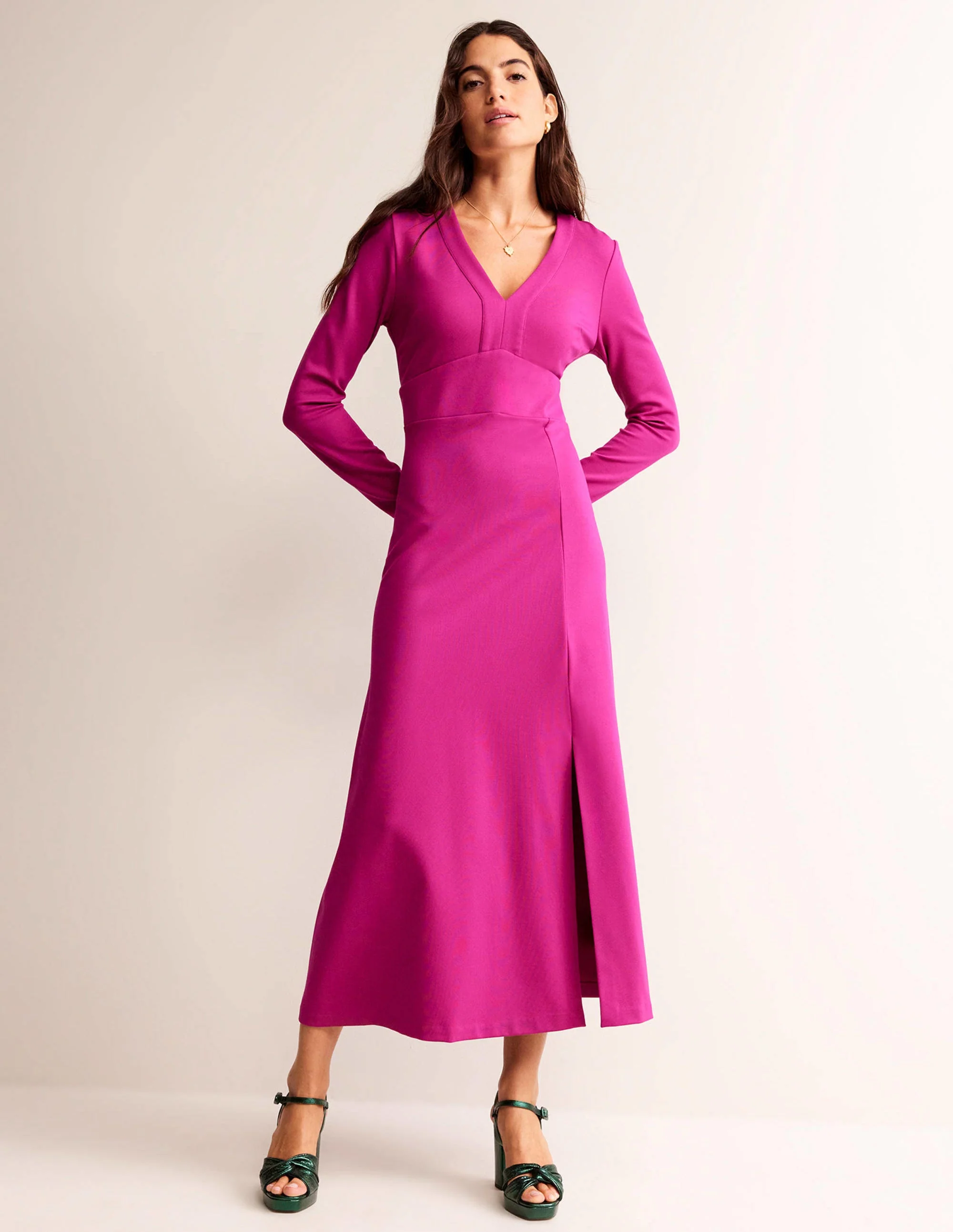 V-Neck Ponte Maxi Dress-Vibrant Plum - Image 2