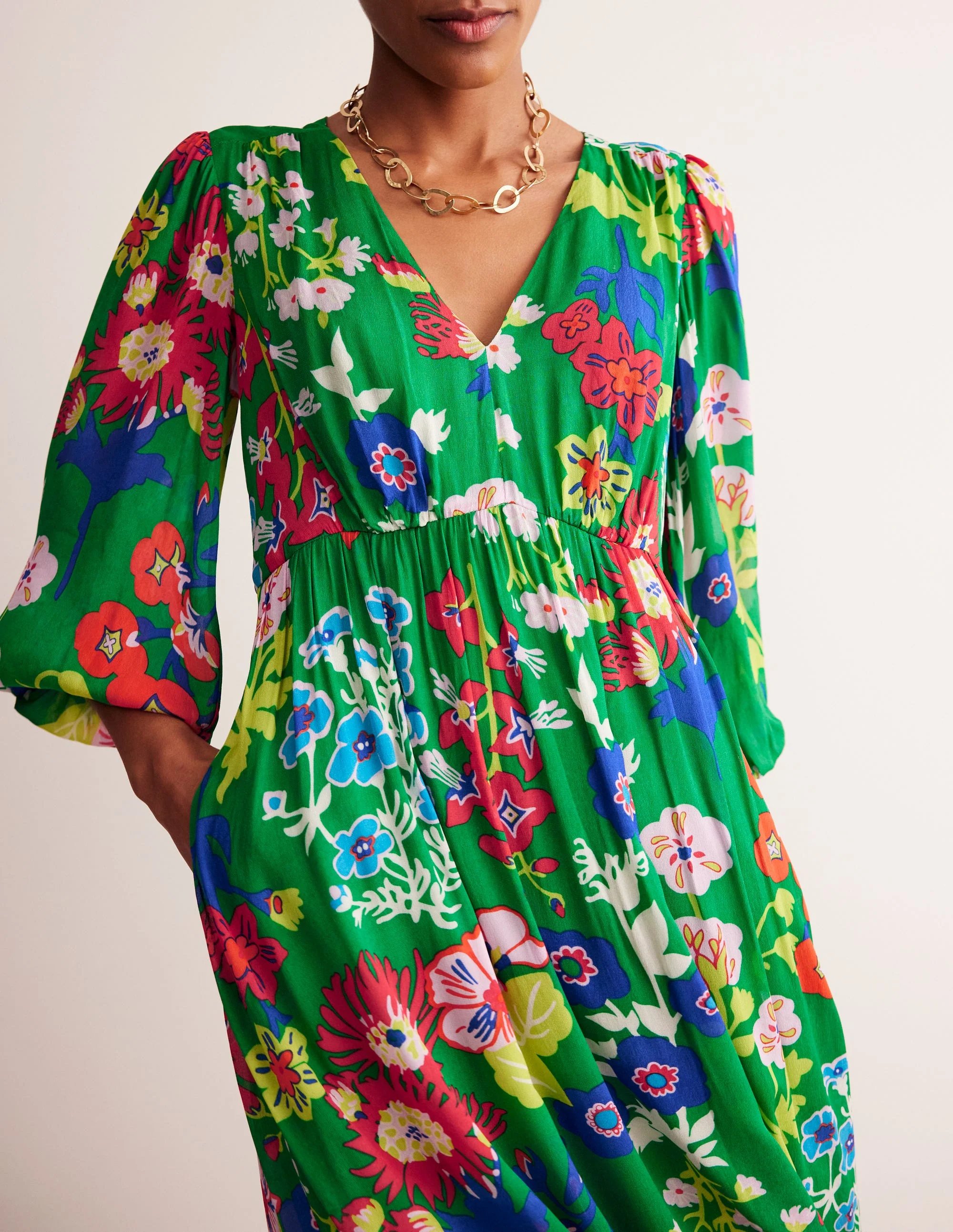 V Neck Puff Maxi Dress-Green Tambourine, Wild Flower - Image 3