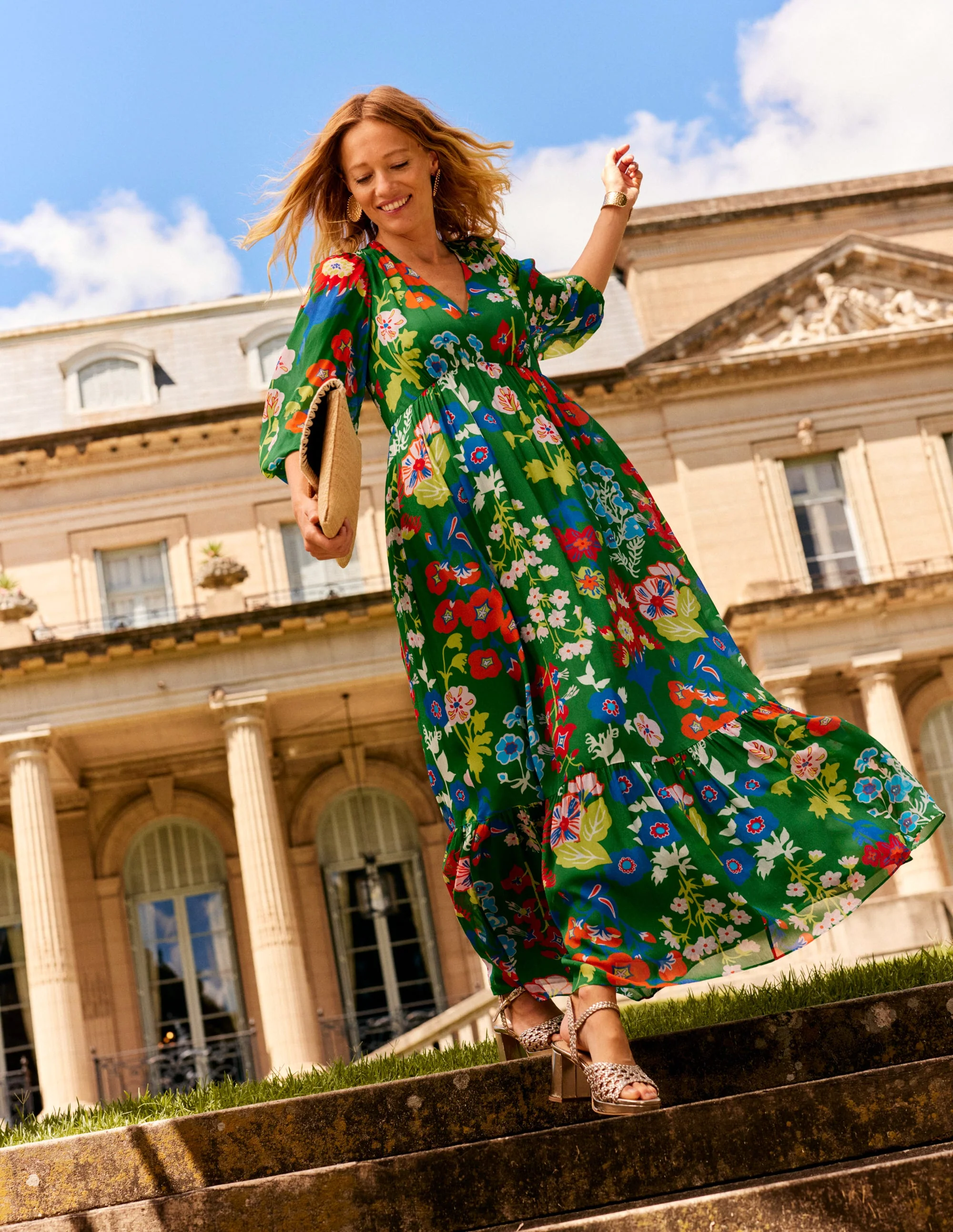 V Neck Puff Maxi Dress-Green Tambourine, Wild Flower - Image 5