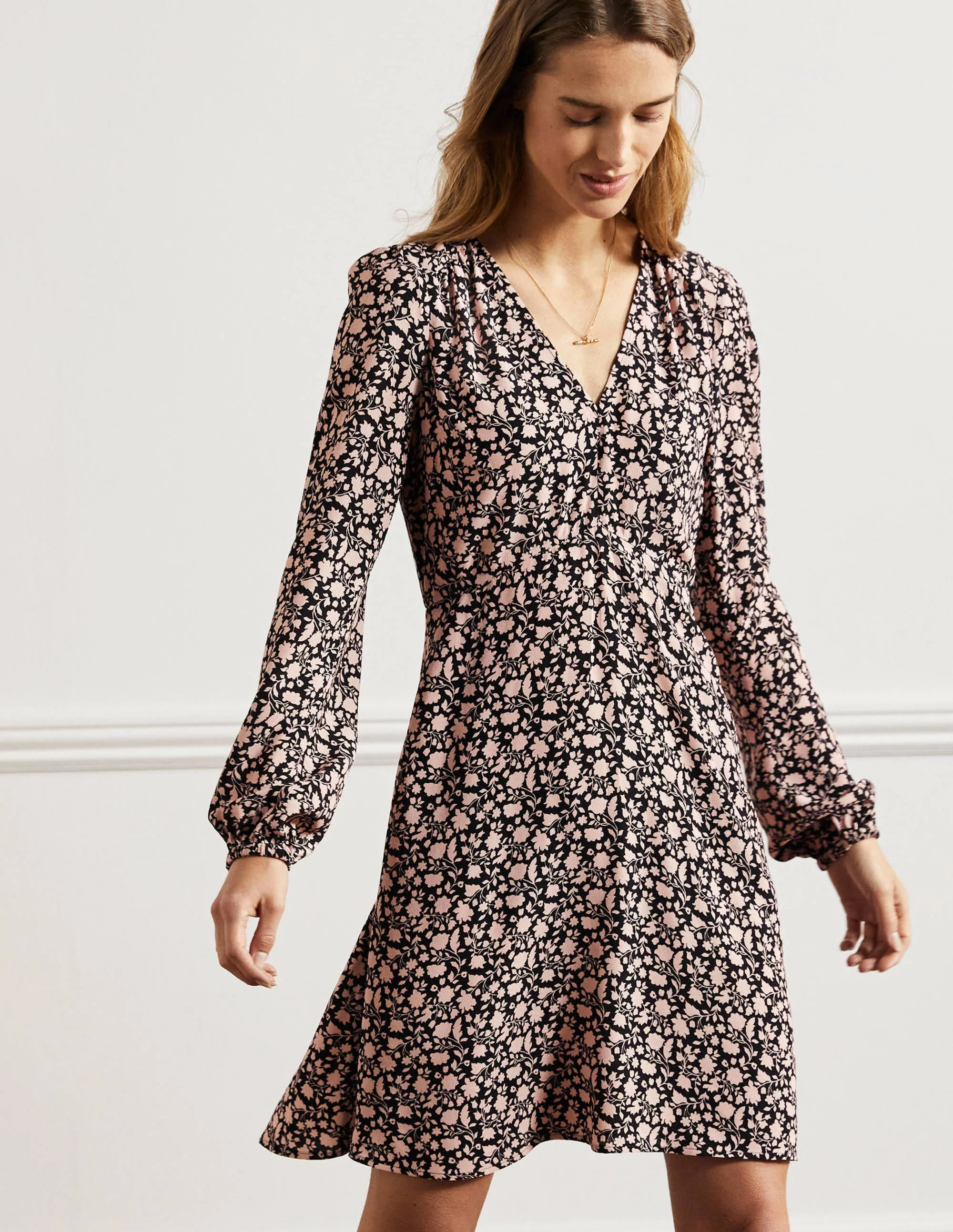 V-Neck Tea Dress-Black, Botanic Silhouette - Image 4