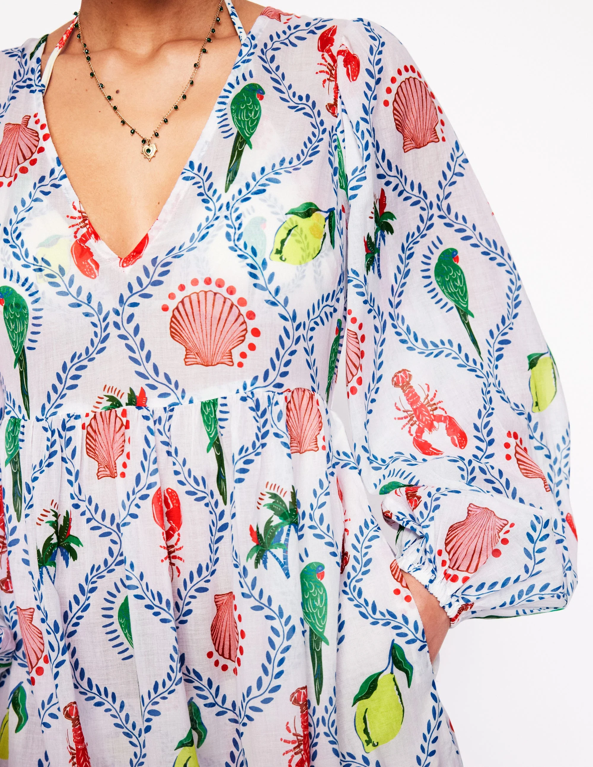 V-Neck Tiered Cotton Kaftan-Ivory, Tropical Bonanza - Image 2